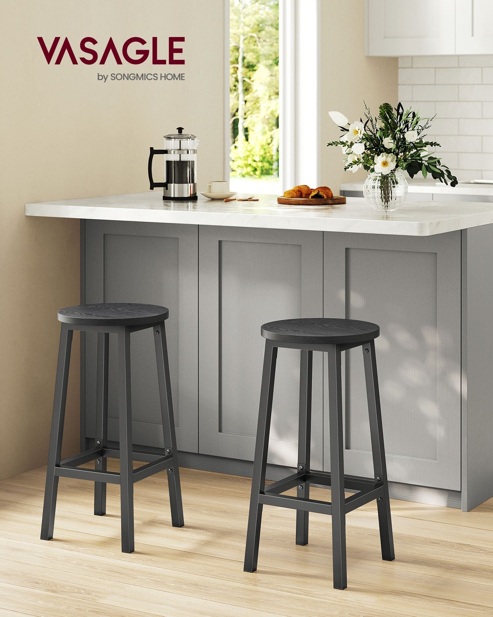 Bar stools - Set of 2 - Bar chairs - Height 65 cm - Round - With steel frame