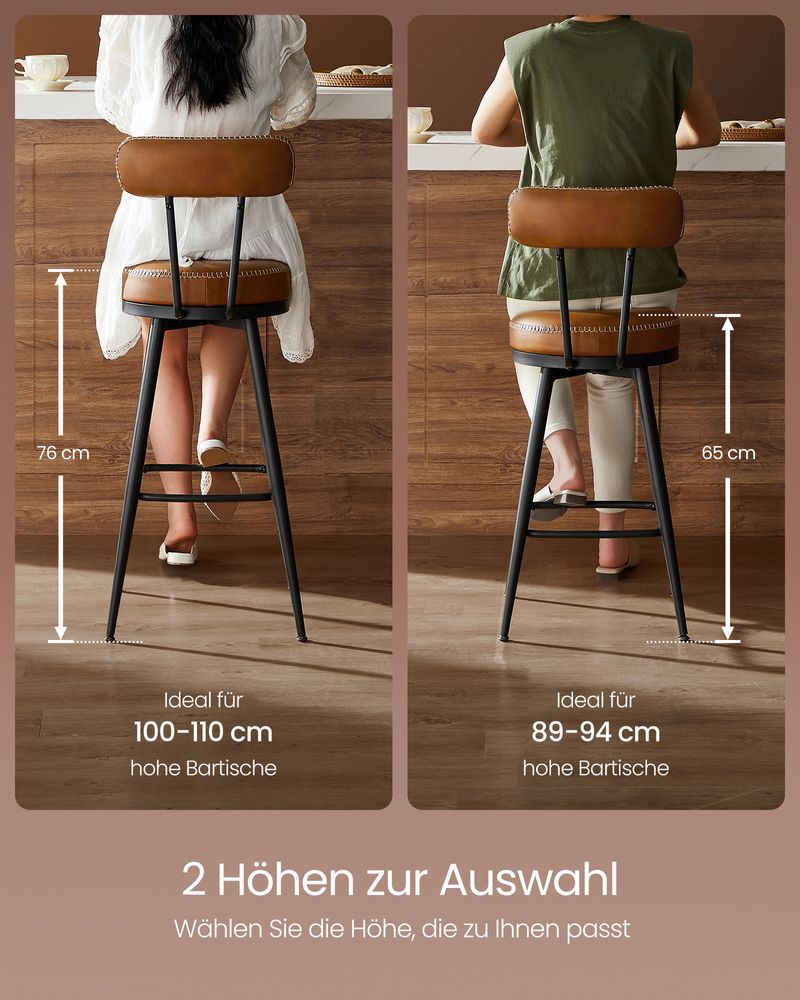 Bar stools - Bar chairs - Set of 2 - Metal frame - With backrest - Brown