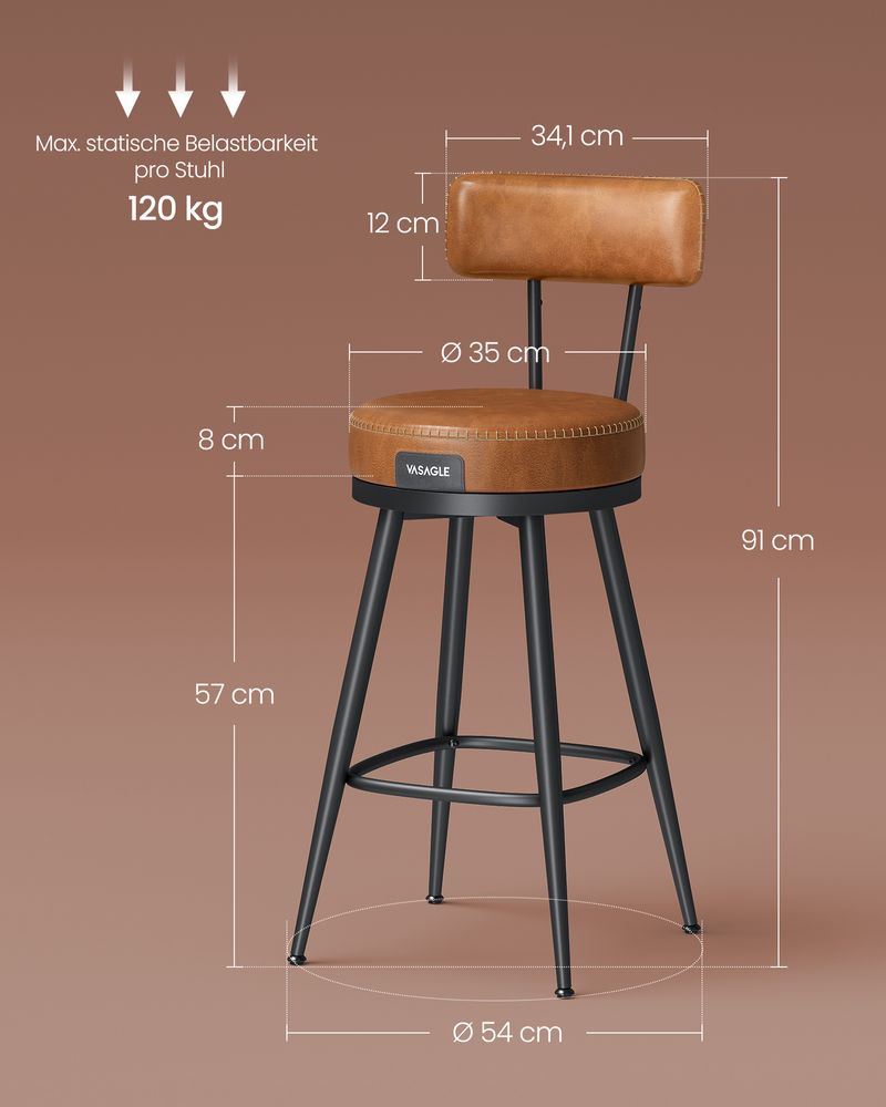 Bar stools - Bar chairs - Set of 2 - Metal frame - With backrest - Brown