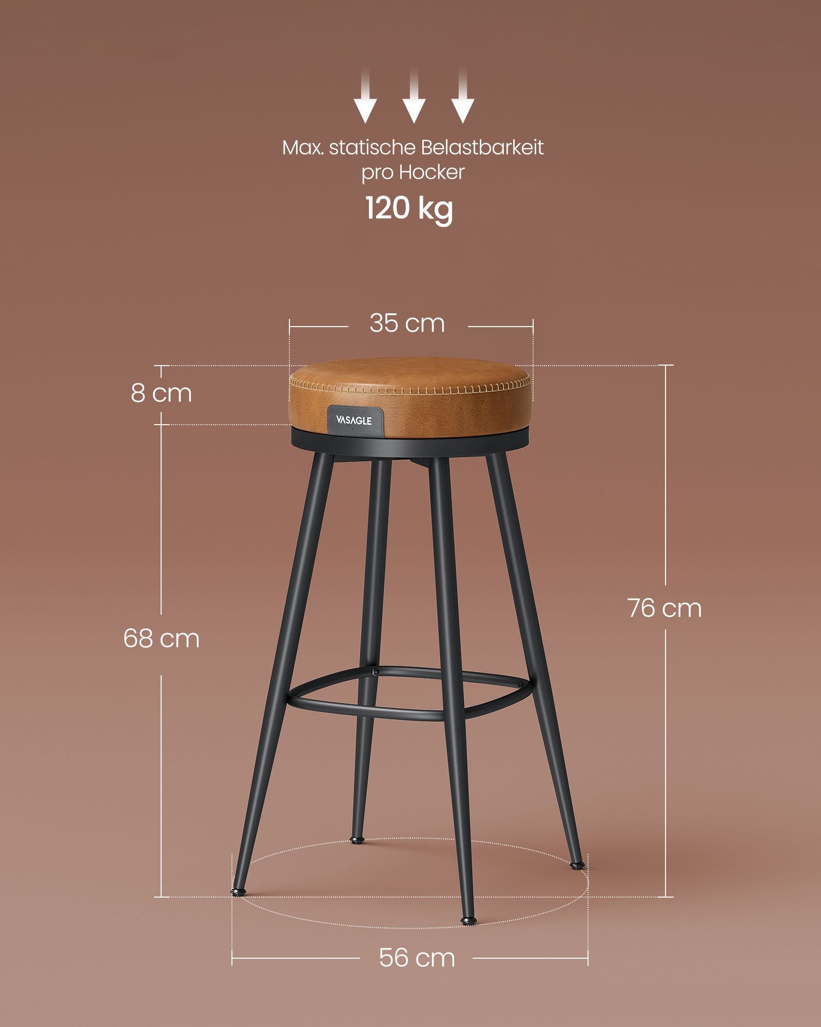 Bar stool set of 2 76 cm high caramel brown