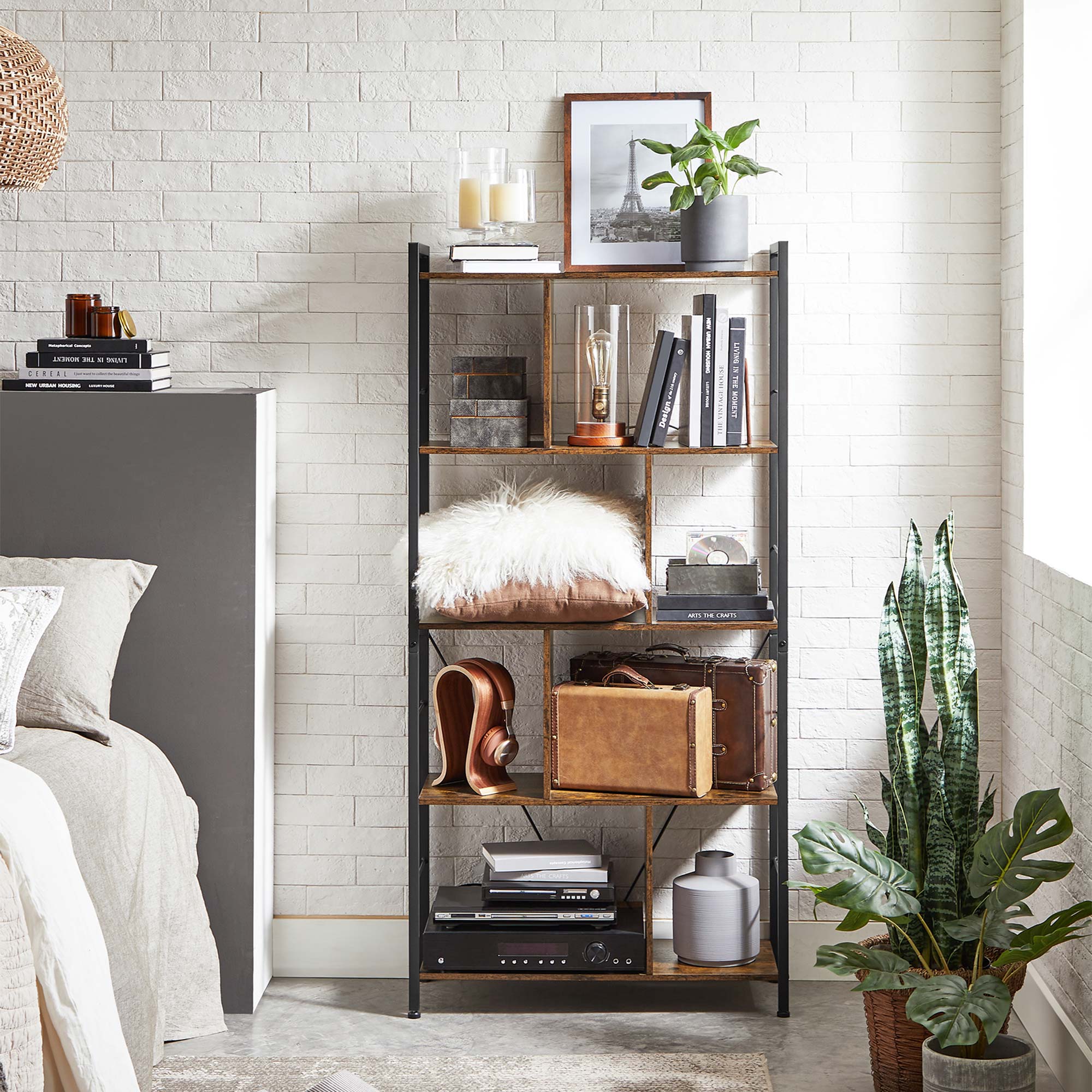 Bookcase - Office cabinet - Open compartments - With 5 levels - Metal frame - Brown Black
