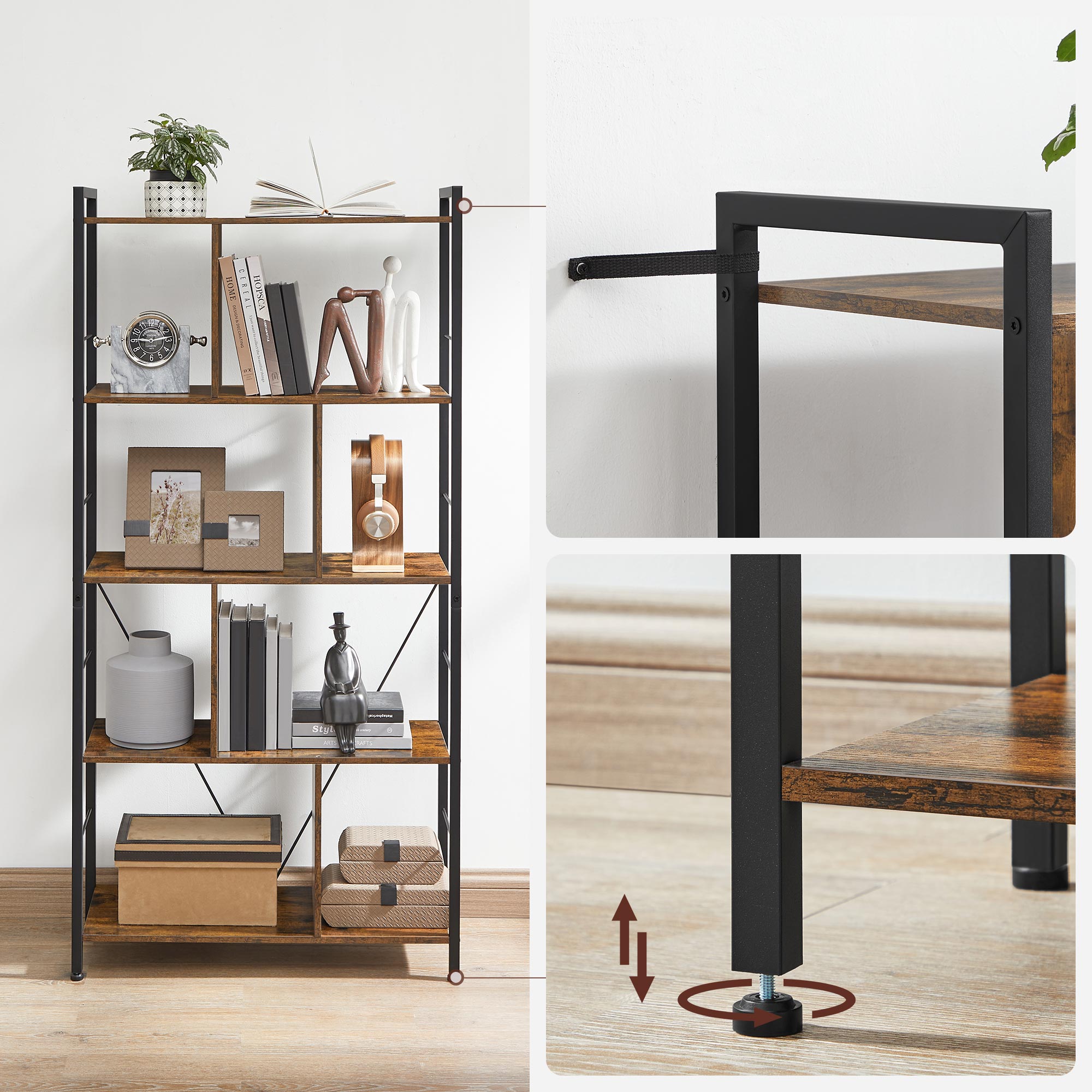 Bookcase - Office cabinet - Open compartments - With 5 levels - Metal frame - Brown Black