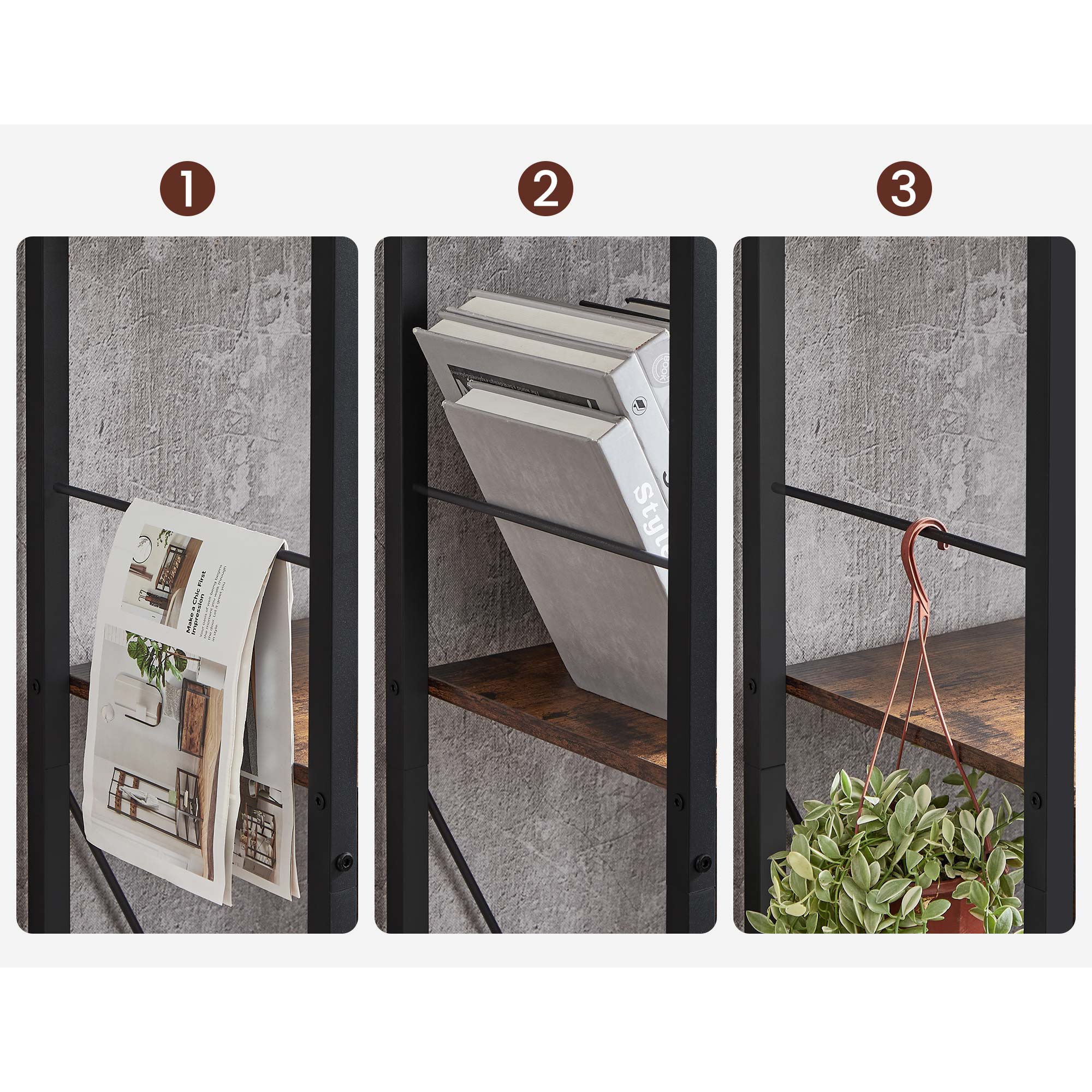 Bookcase - Office cabinet - Open compartments - With 5 levels - Metal frame - Brown Black