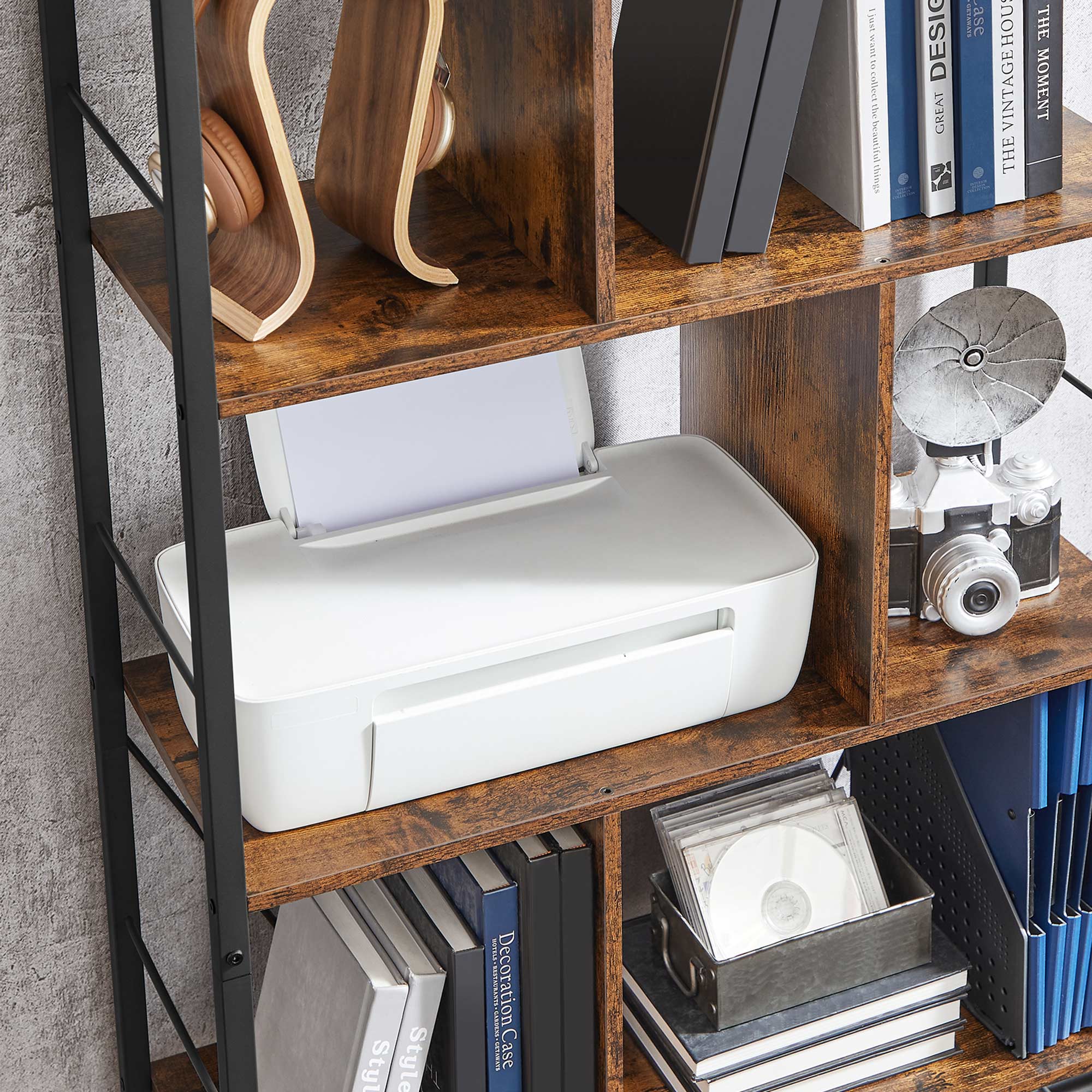 Bookcase - Office cabinet - Open compartments - With 5 levels - Metal frame - Brown Black