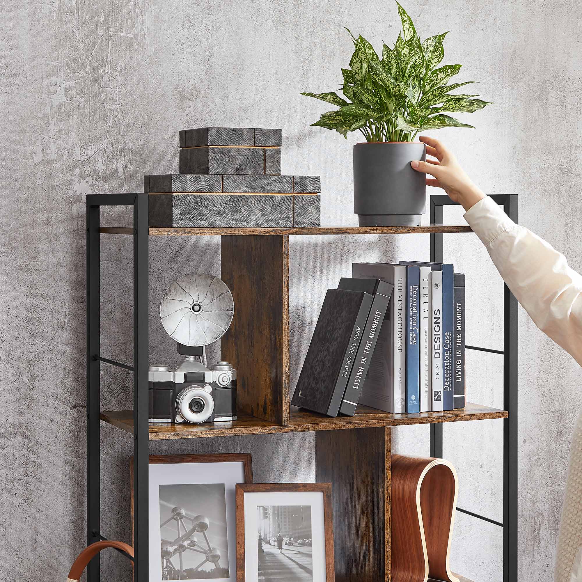 Bookcase - Office cabinet - Open compartments - With 5 levels - Metal frame - Brown Black