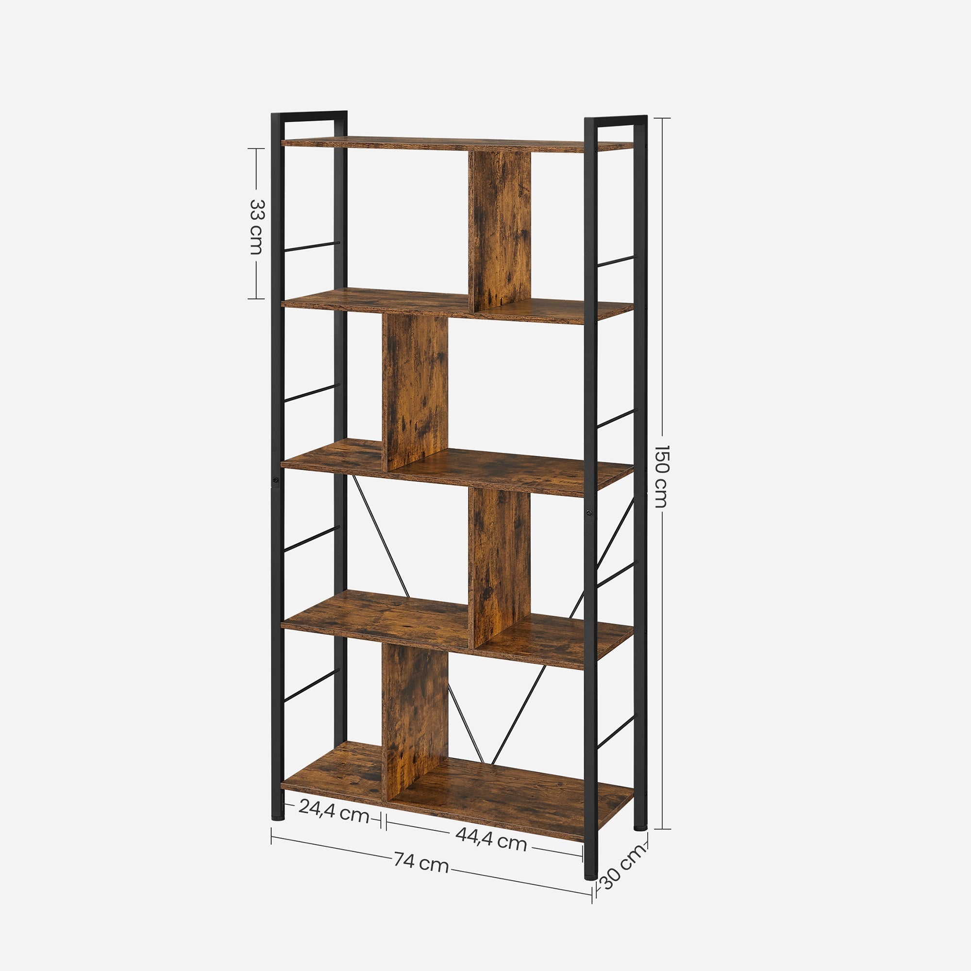 Bookcase - Office cabinet - Open compartments - With 5 levels - Metal frame - Brown Black