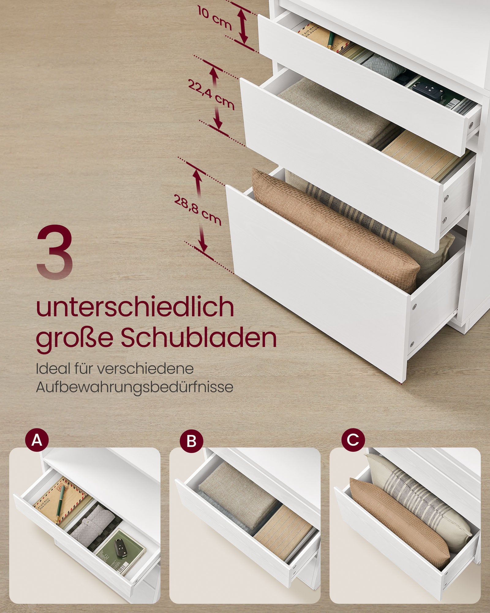 Bookcase with 3 drawers of different dimensions Snow White