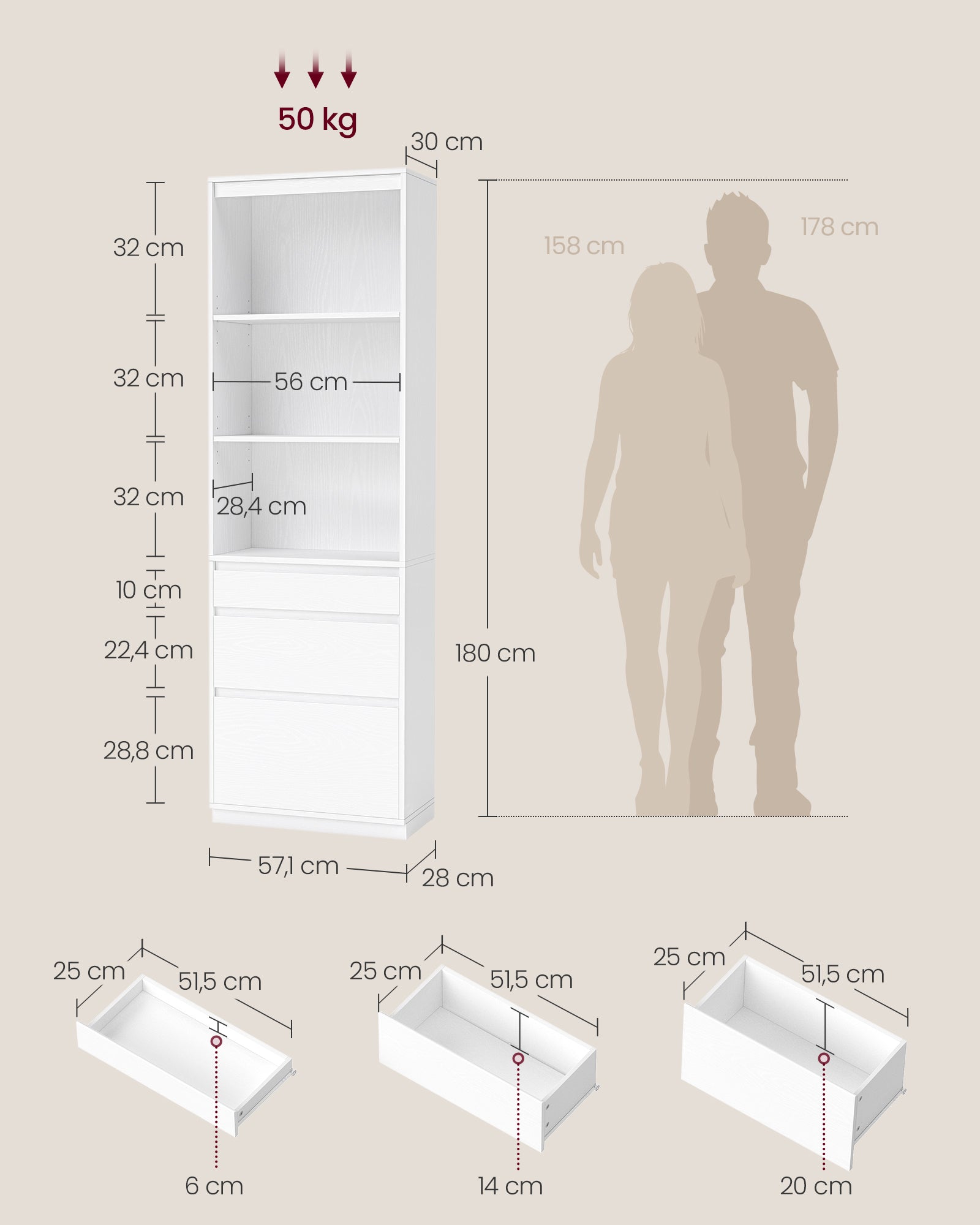 Bookcase with 3 drawers of different dimensions Snow White