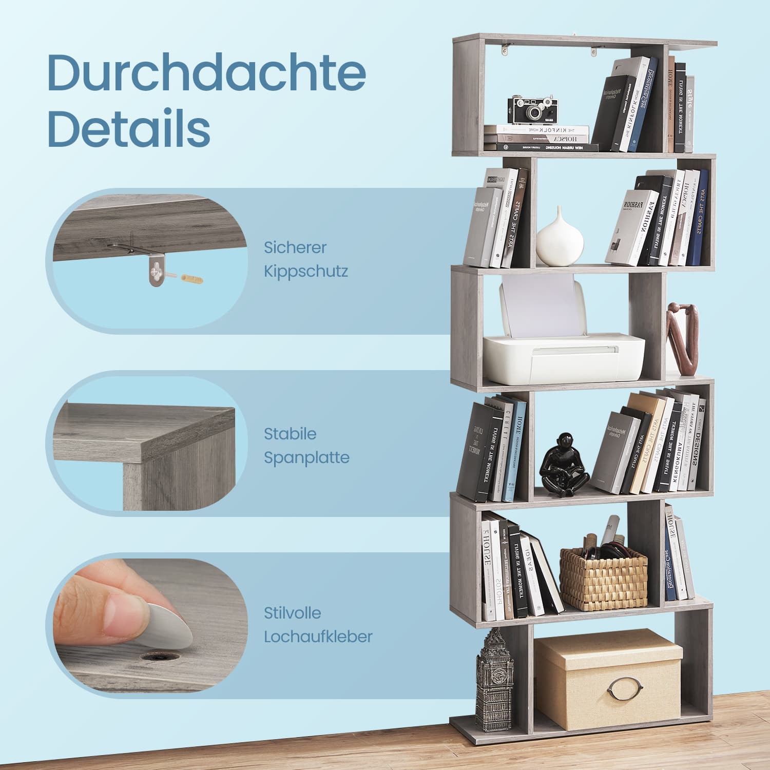 Bookcase with 6 levels, detached plank, office board for presentation