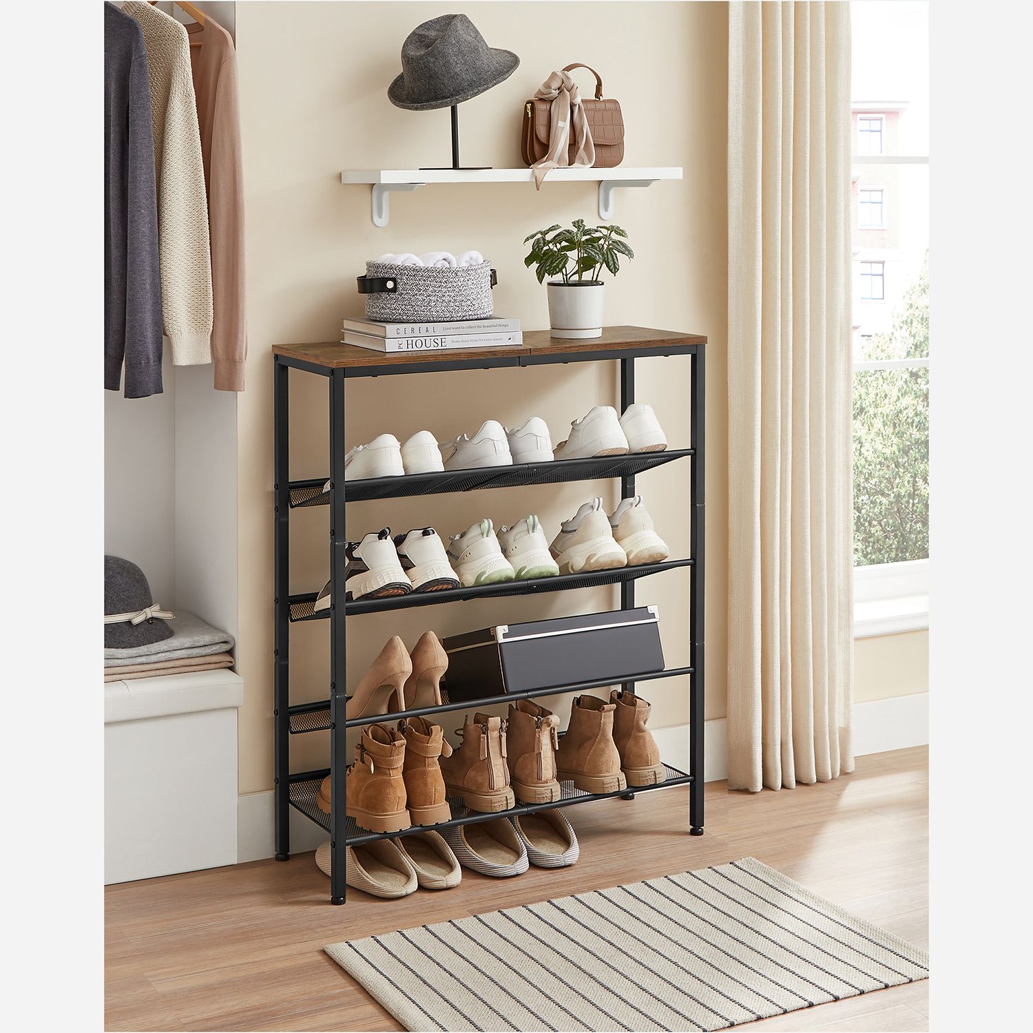 Shoe rack with 5 levels and surface for bags - Industrial - Brown / Black