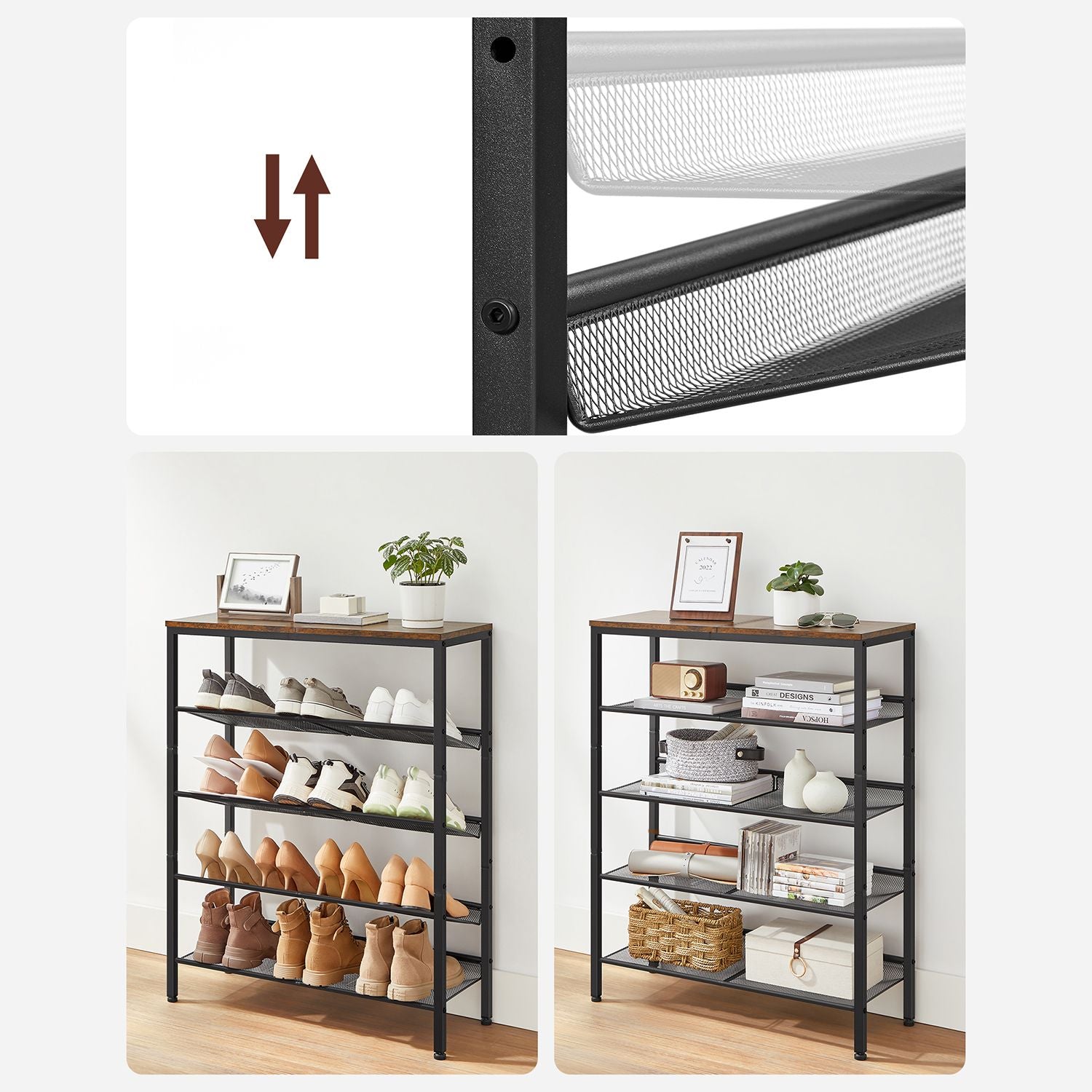 Shoe rack with 5 levels and surface for bags - Industrial - Brown / Black