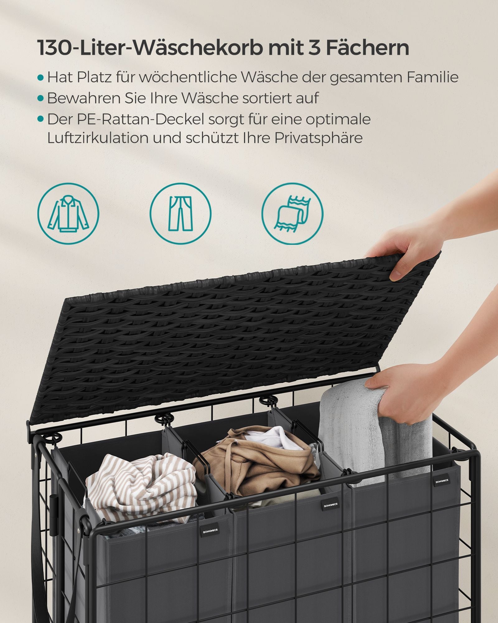 Laundry basket-130 l-removable-with wheels-ink-black-Leigrijs