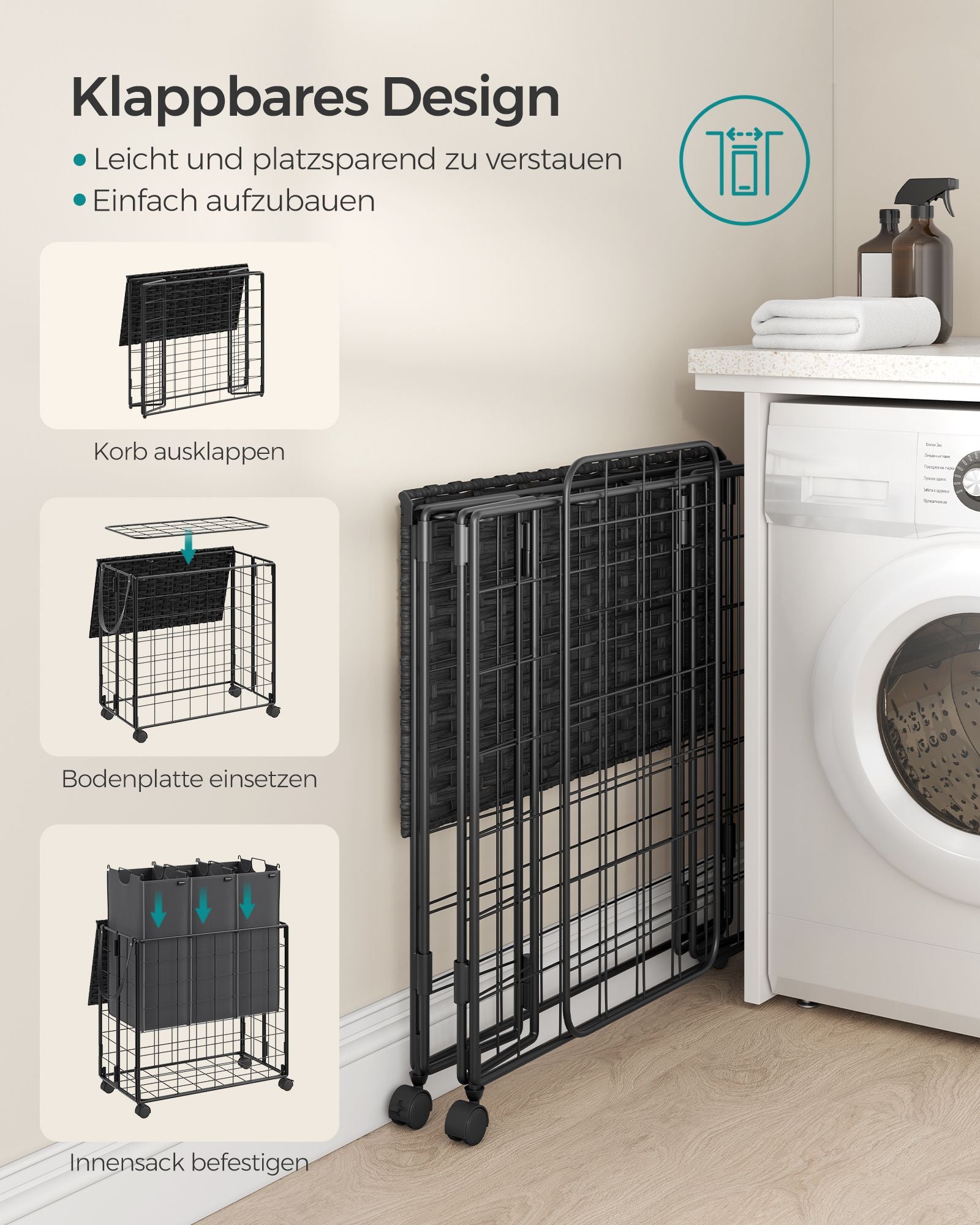 Laundry basket-130 l-removable-with wheels-ink-black-Leigrijs