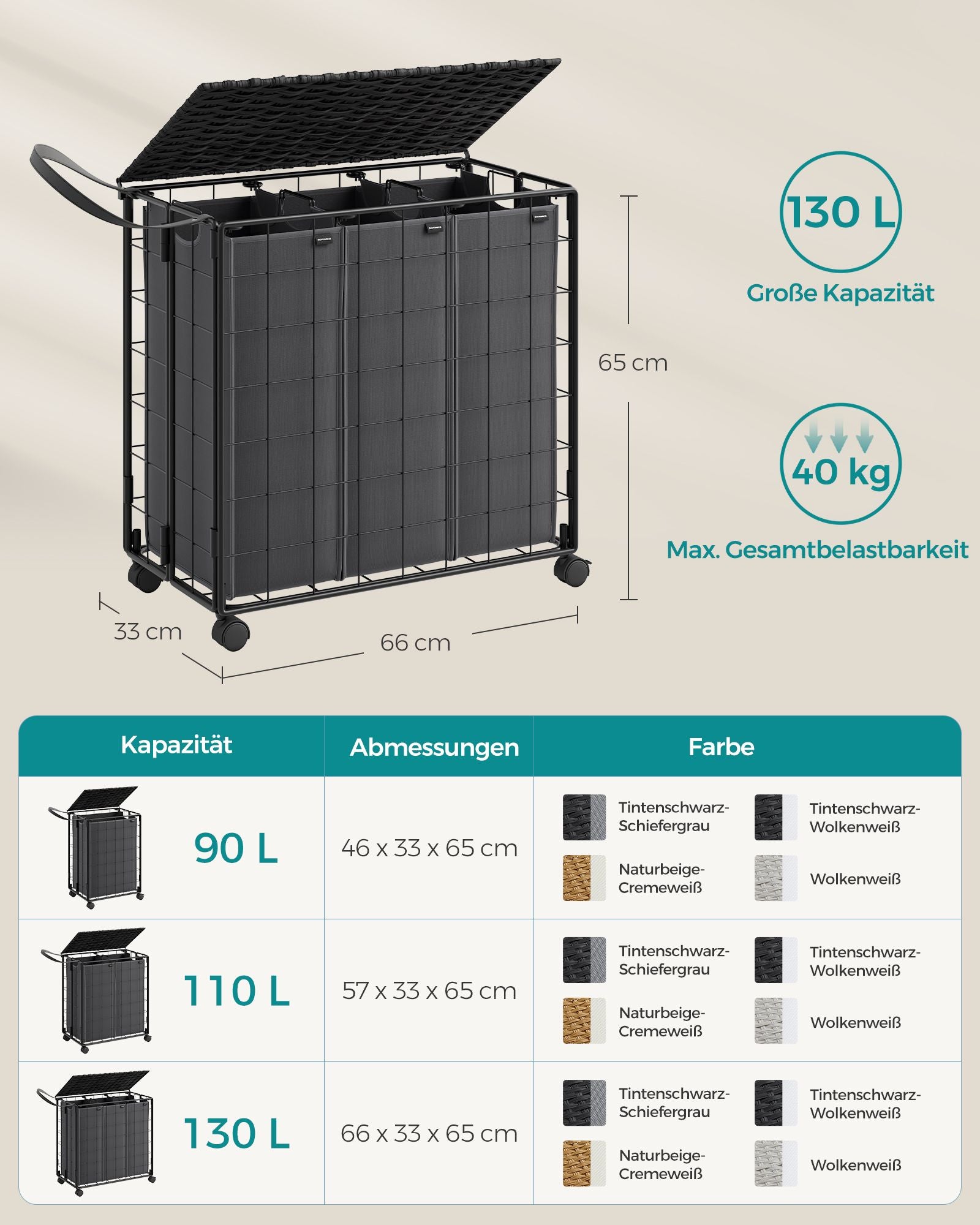 Laundry basket-130 l-removable-with wheels-ink-black-Leigrijs