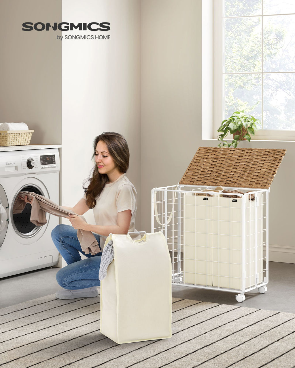 Laundry basket on wheels Natural Beige-Crème White