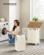 Laundry basket on wheels Natural Beige-Crème White