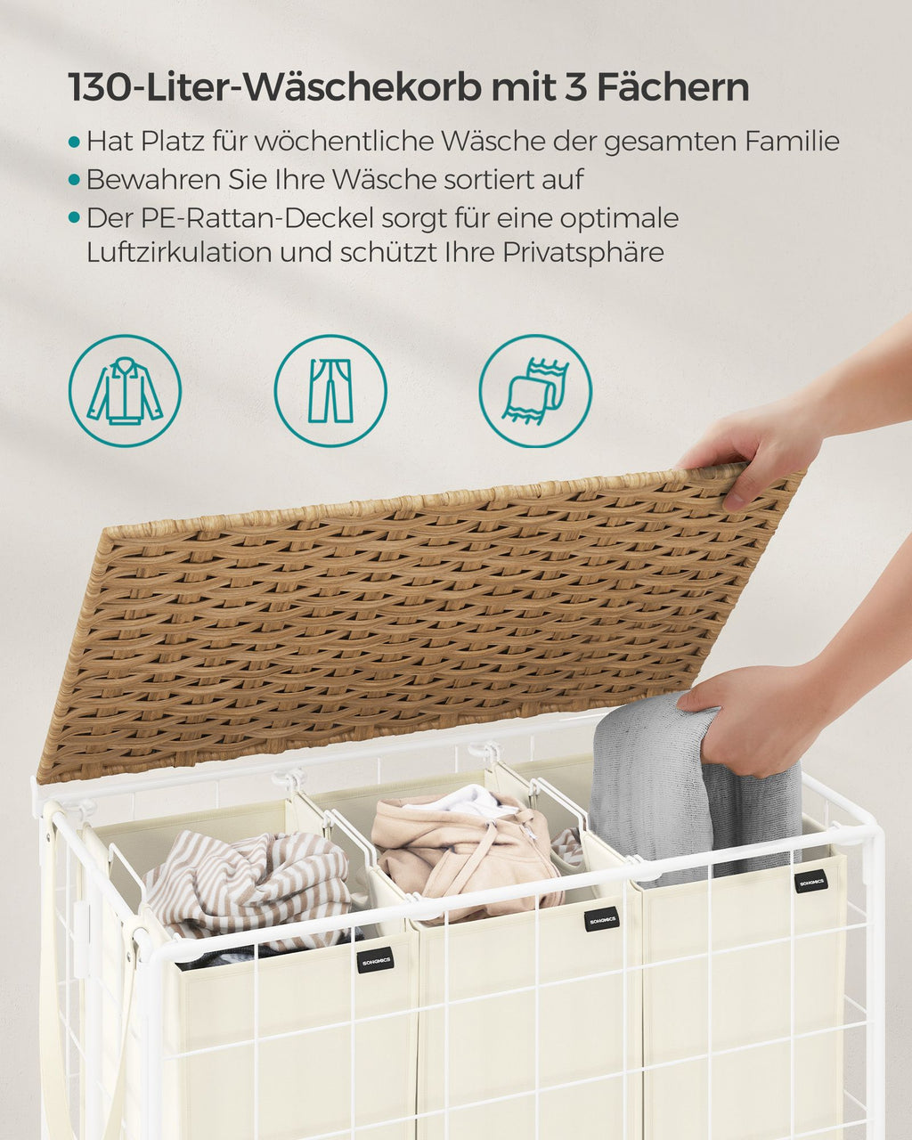 Laundry basket on wheels Natural Beige-Crème White