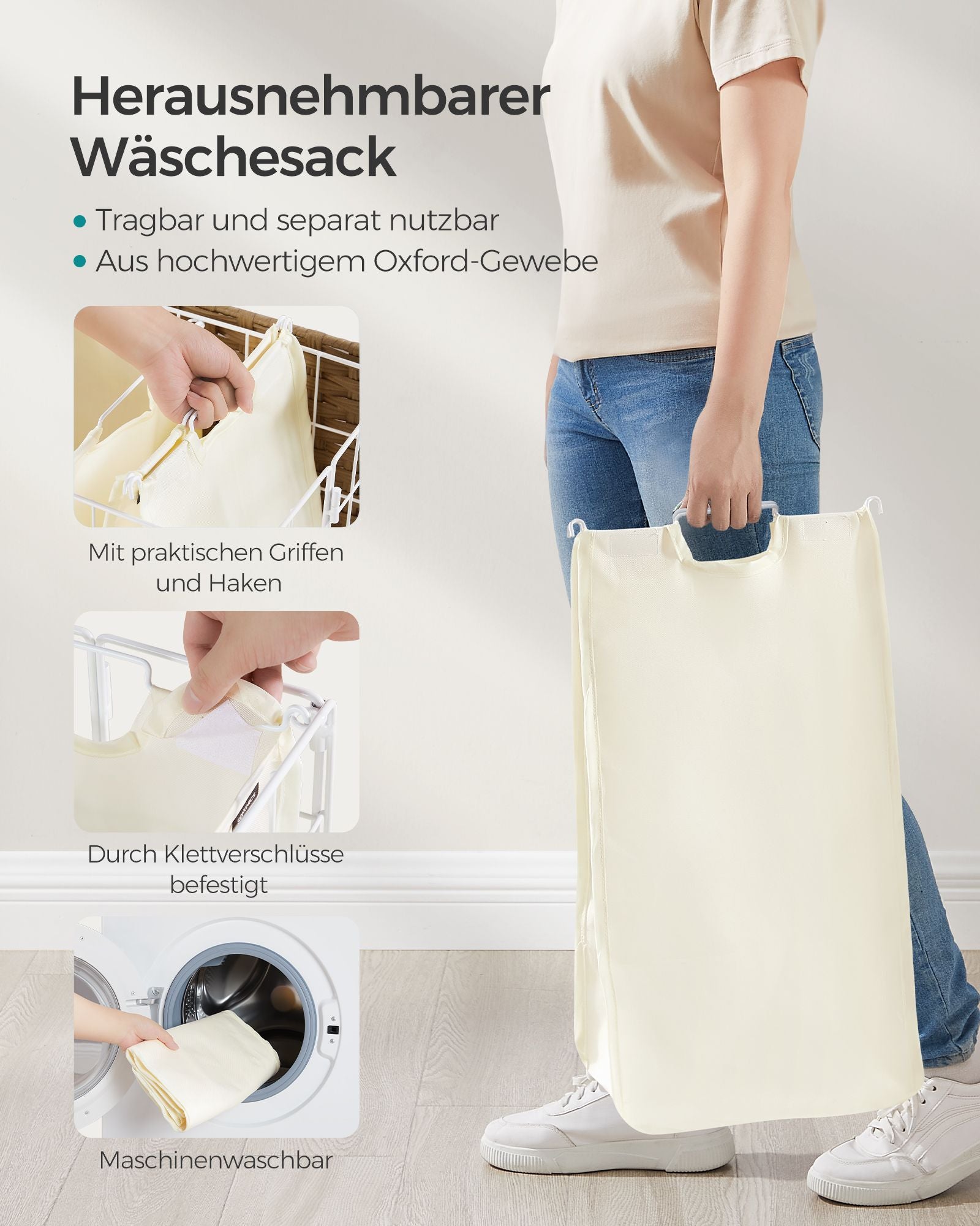 Laundry basket on wheels Natural Beige-Crème White