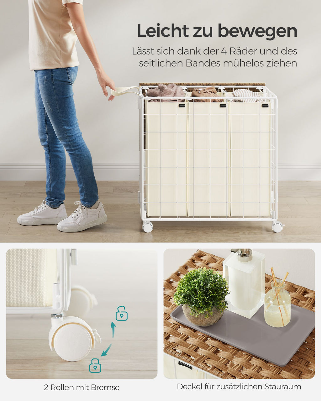 Laundry basket on wheels Natural Beige-Crème White