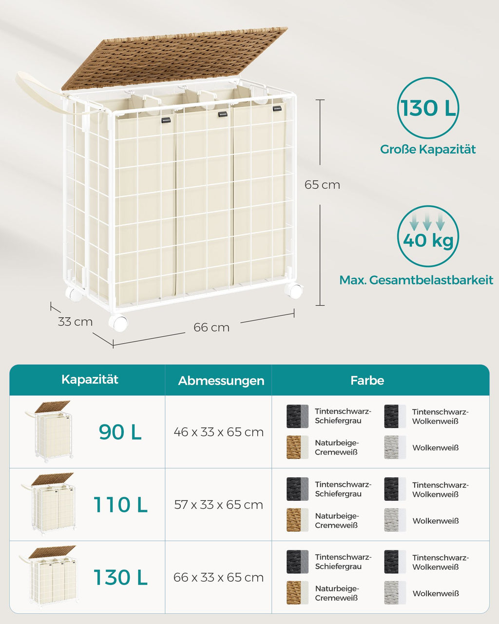Laundry basket on wheels Natural Beige-Crème White
