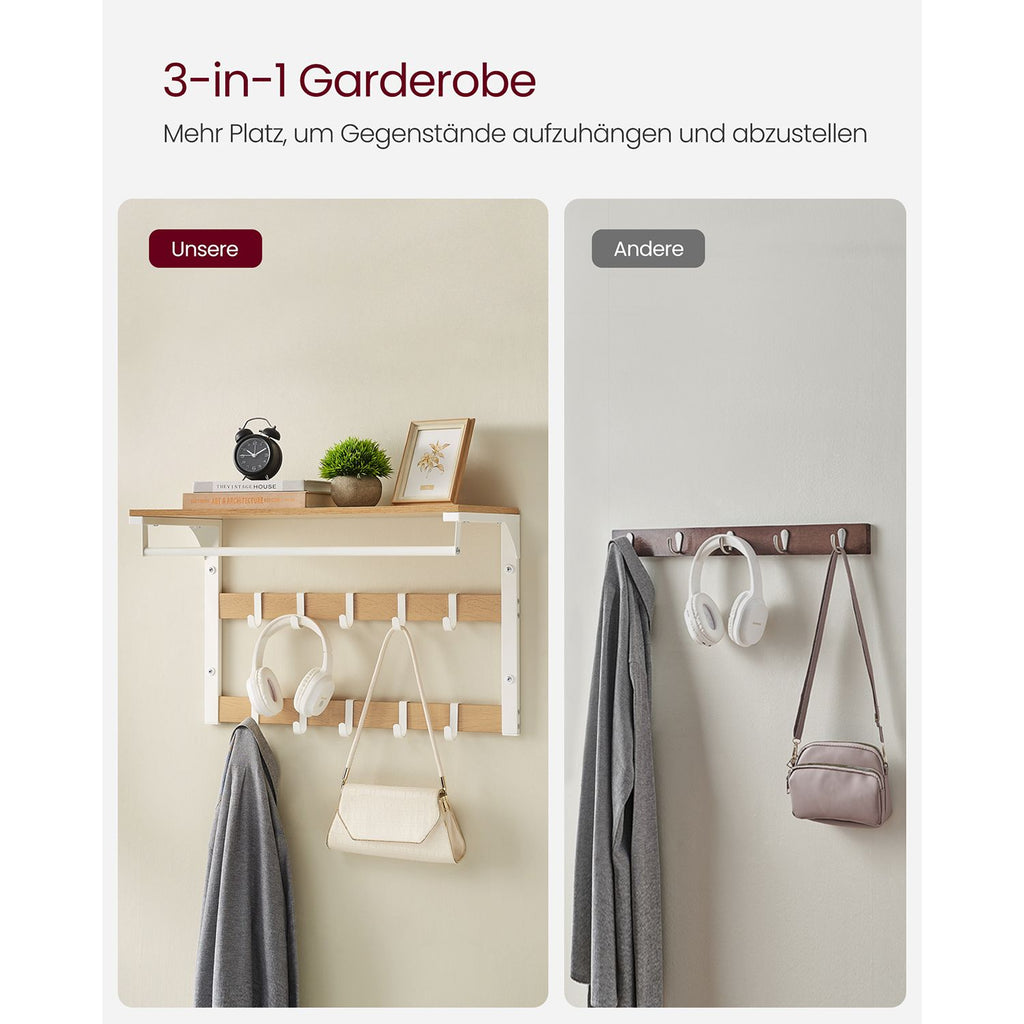 Wall coat rack-with shelf-10 detachable hooks-oak-white