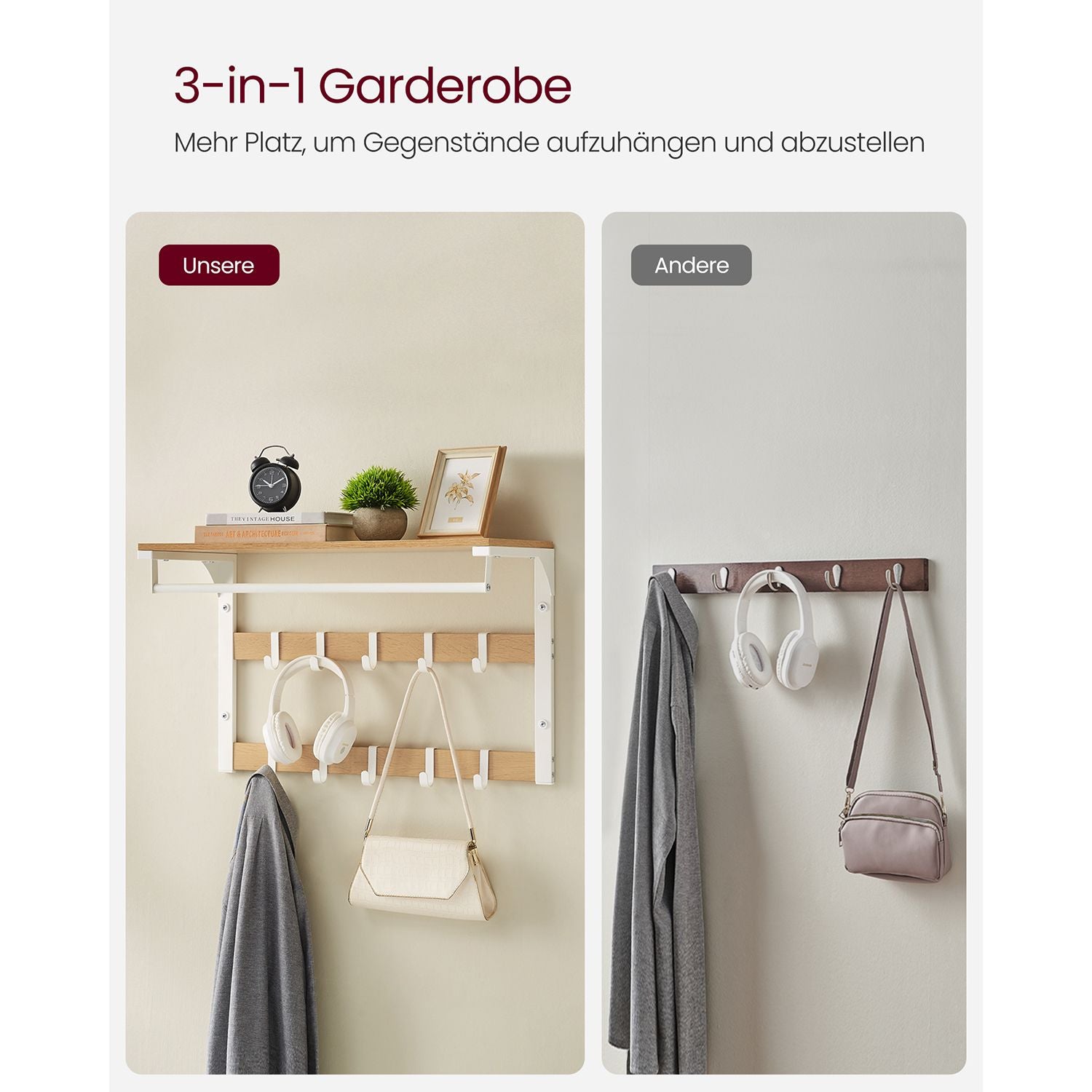Wall coat rack-with shelf-10 detachable hooks-oak-white