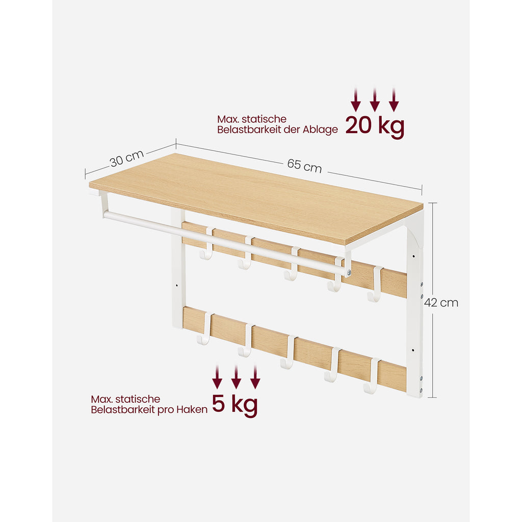 Wall coat rack-with shelf-10 detachable hooks-oak-white