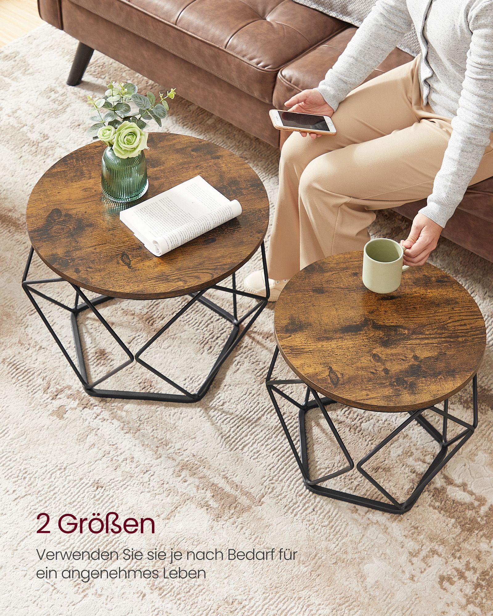 Round coffee table set of 2-Vintage Flair-Vintage Brown-Inktzwart