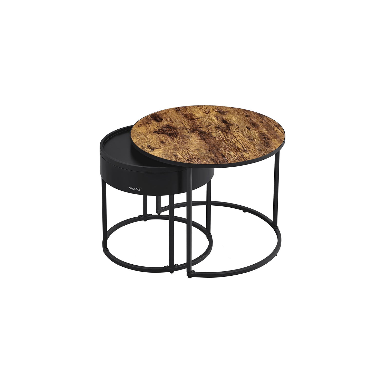 Round coffee table set of 2 vintage brown-ink black