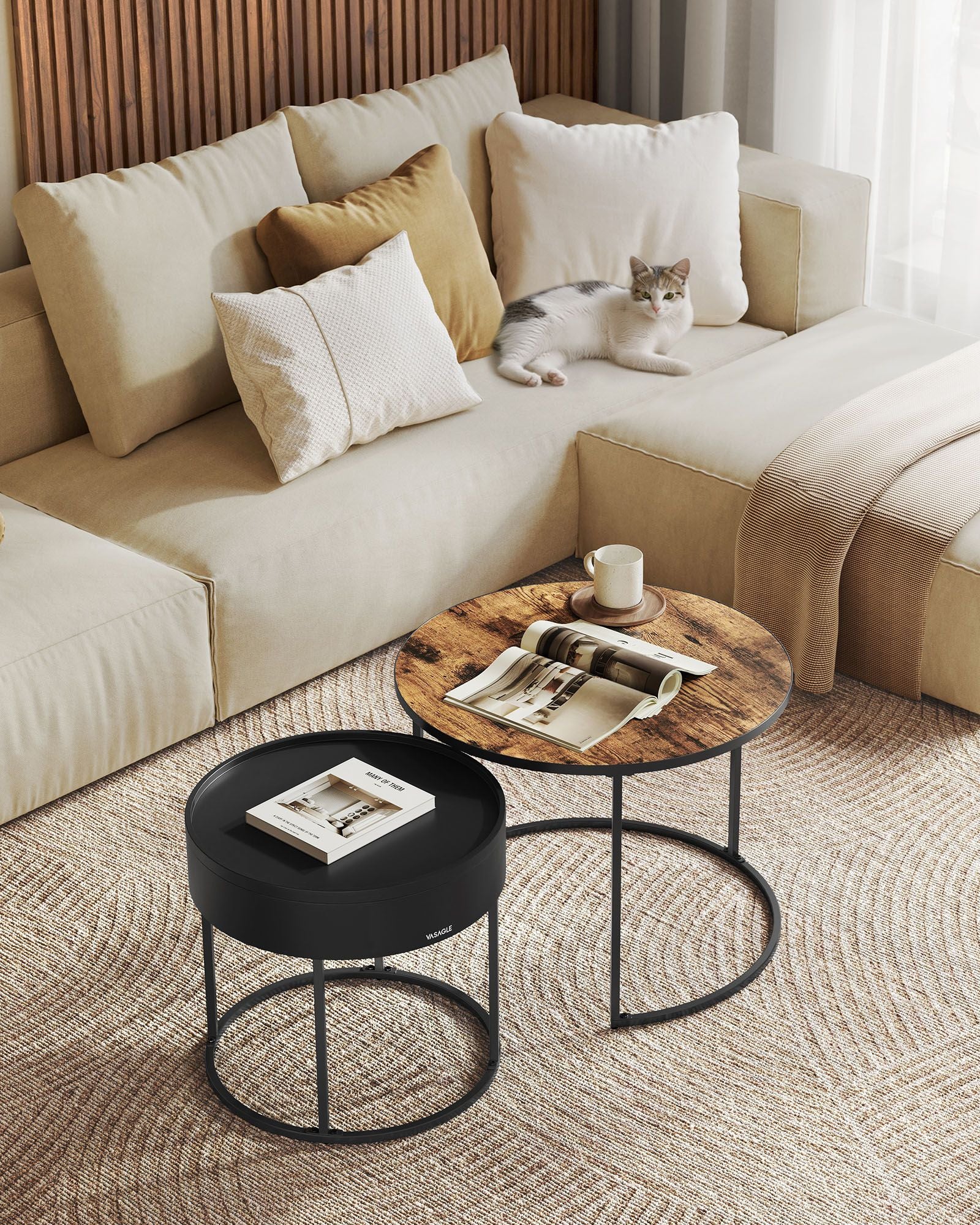 Round coffee table set of 2 vintage brown-ink black
