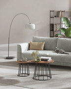 Coffee table set of 2 with steel frame in natural walnut color