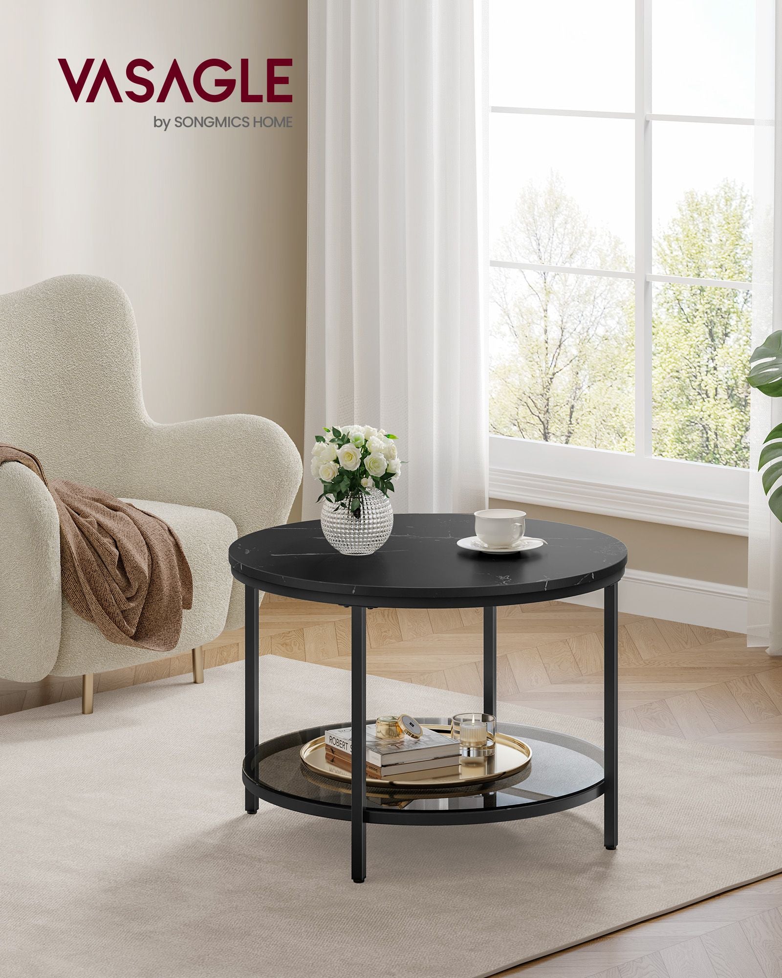 Coffee table-2 levels-Glass sheet-Marble black-ink black
