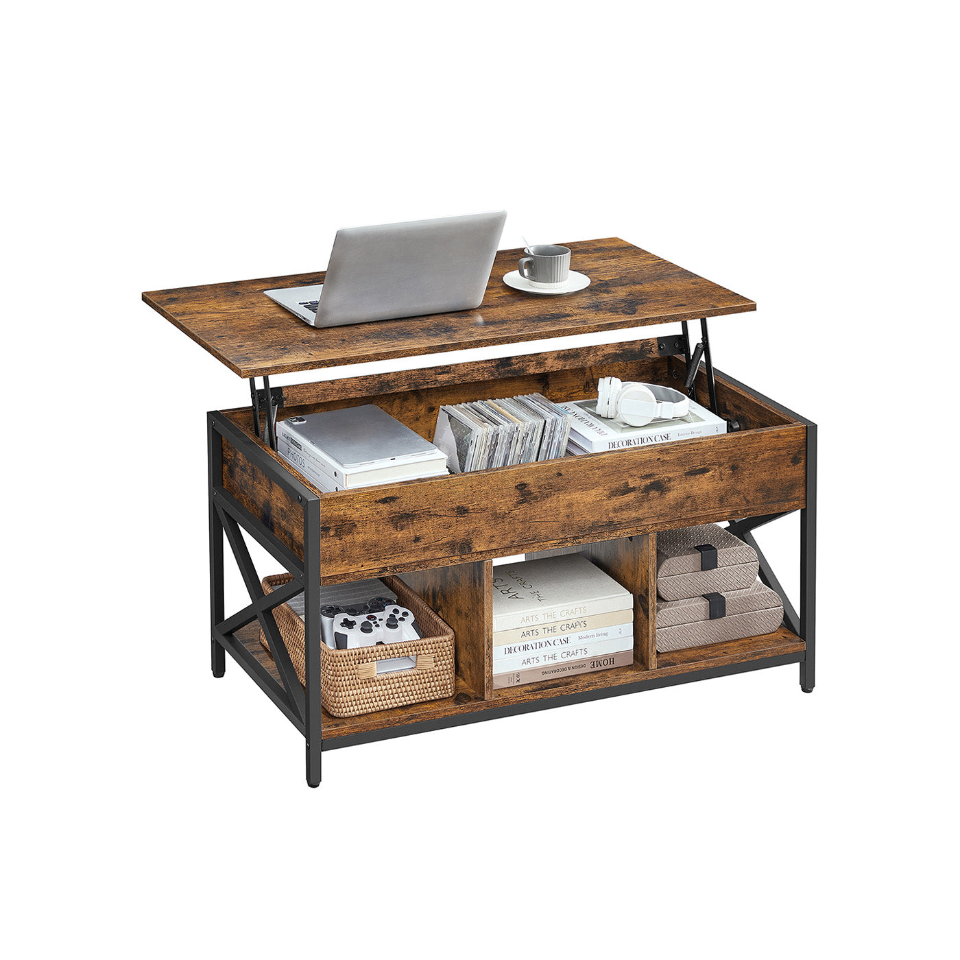 Coffee table adjustable in height with open compartments of vintage brown-black