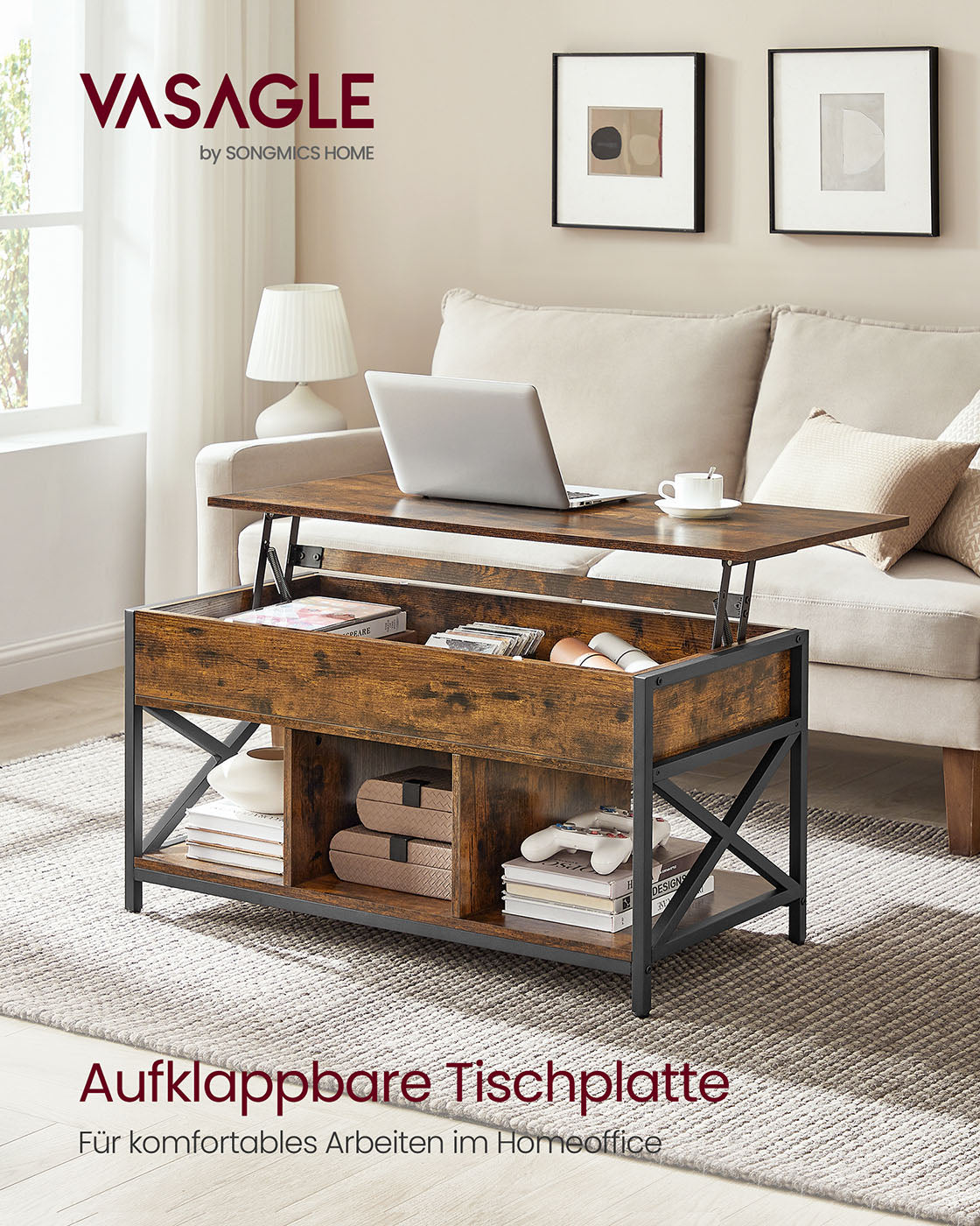 Coffee table adjustable in height with open compartments of vintage brown-black