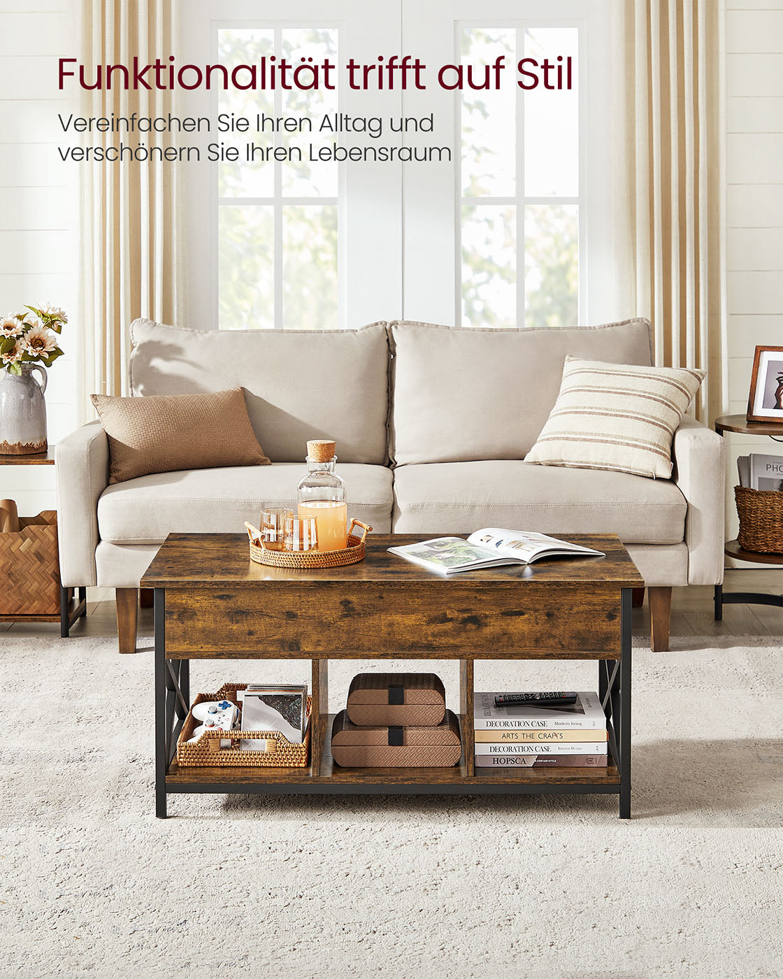 Coffee table adjustable in height with open compartments of vintage brown-black
