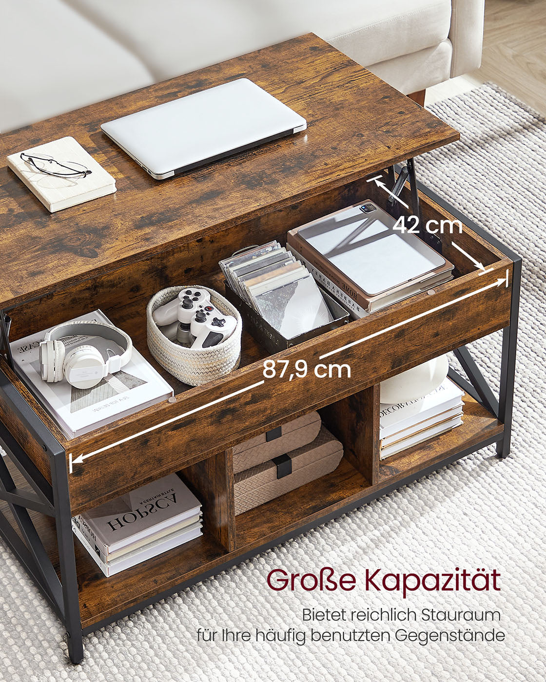Coffee table adjustable in height with open compartments of vintage brown-black