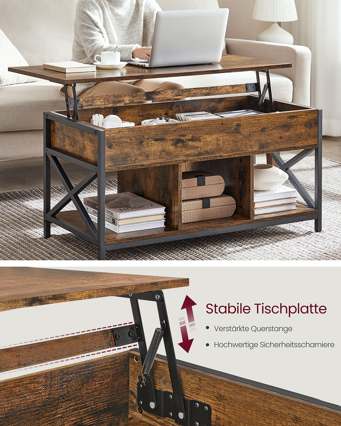 Coffee table adjustable in height with open compartments of vintage brown-black