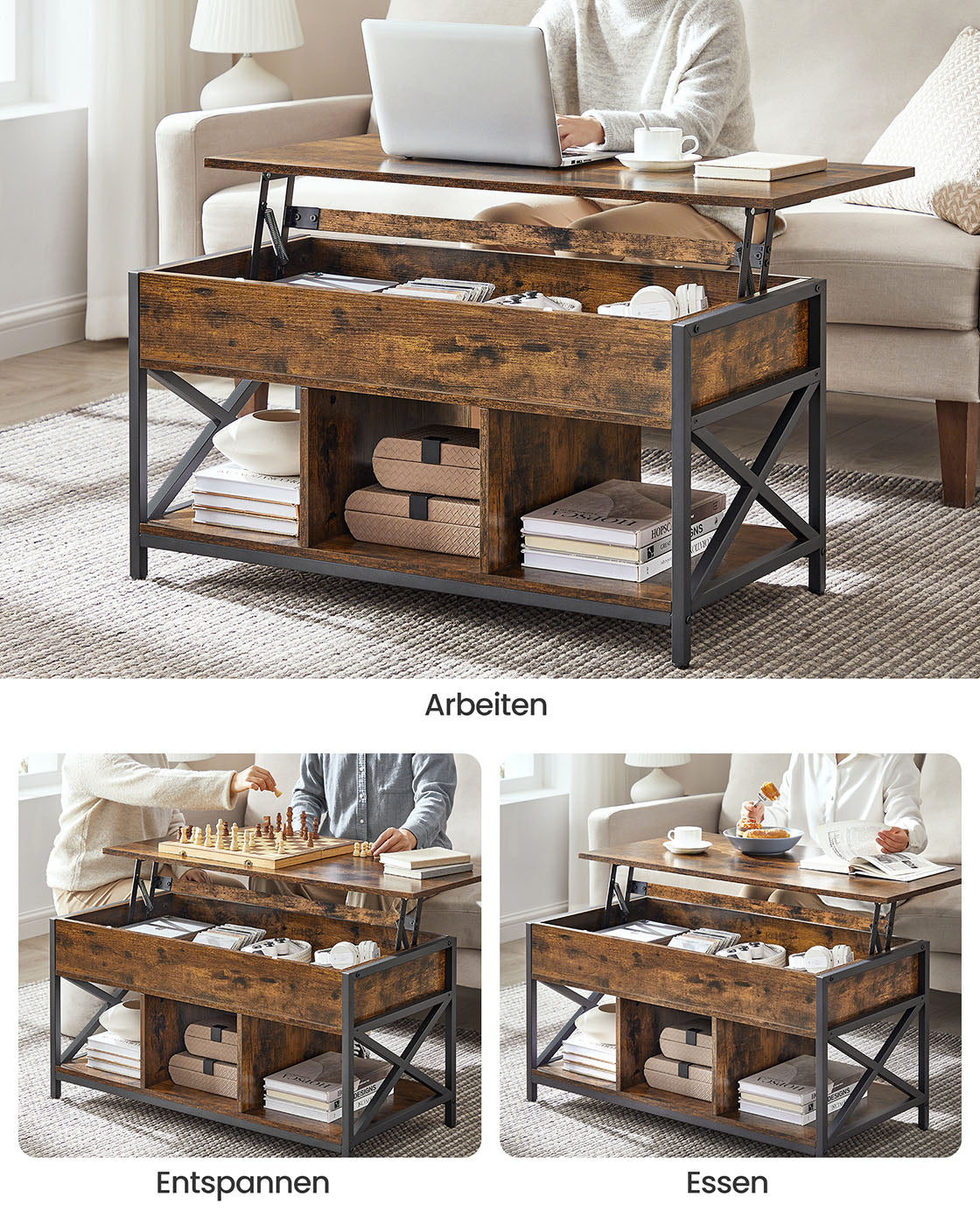 Coffee table adjustable in height with open compartments of vintage brown-black
