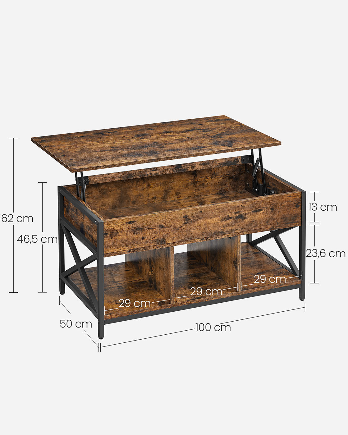 Coffee table adjustable in height with open compartments of vintage brown-black