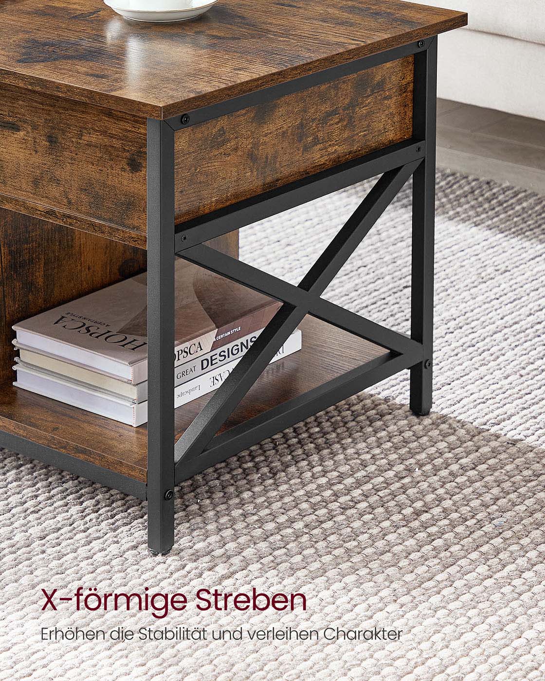 Coffee table adjustable in height with open compartments of vintage brown-black