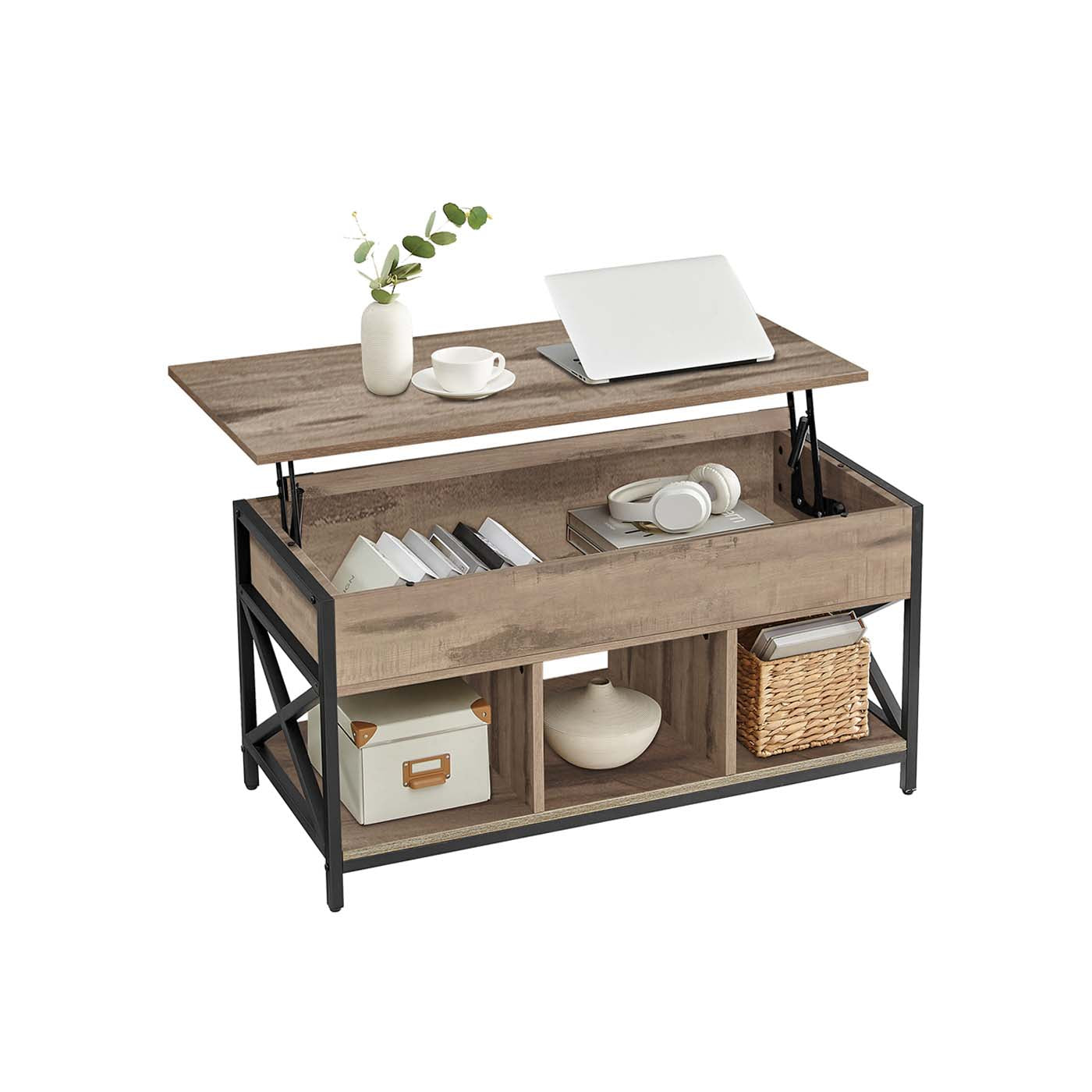 Coffee table adjustable in height with open compartments of vintage brown-black