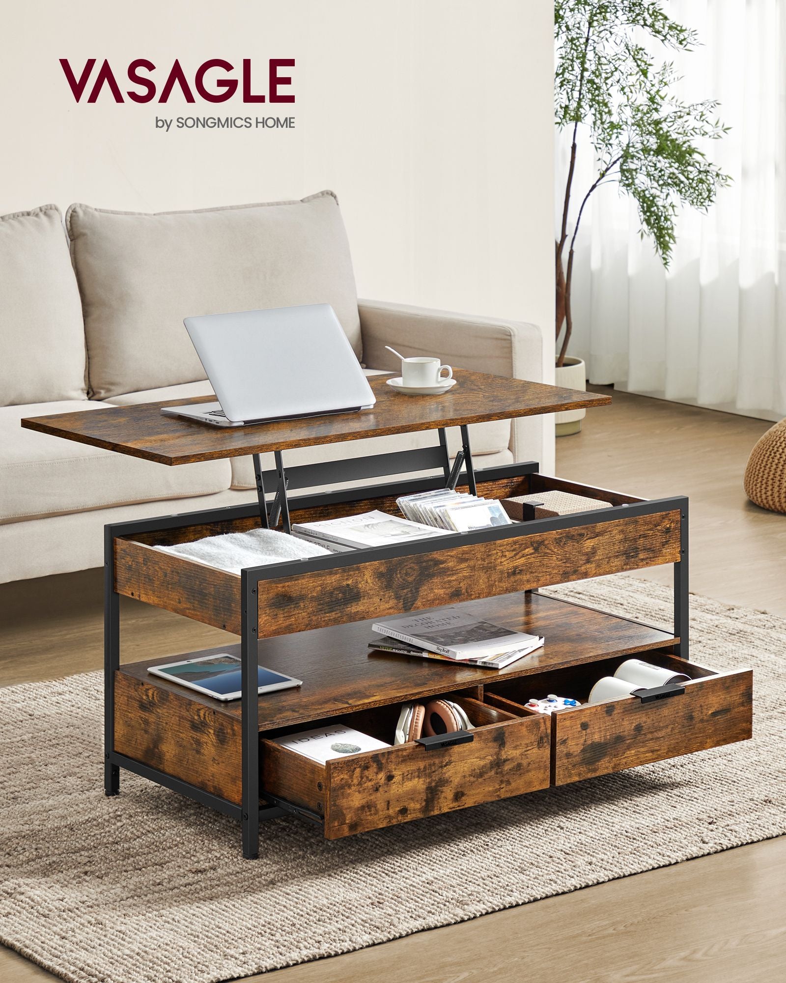 Coffee table-with drawers-vintage brown-ink black