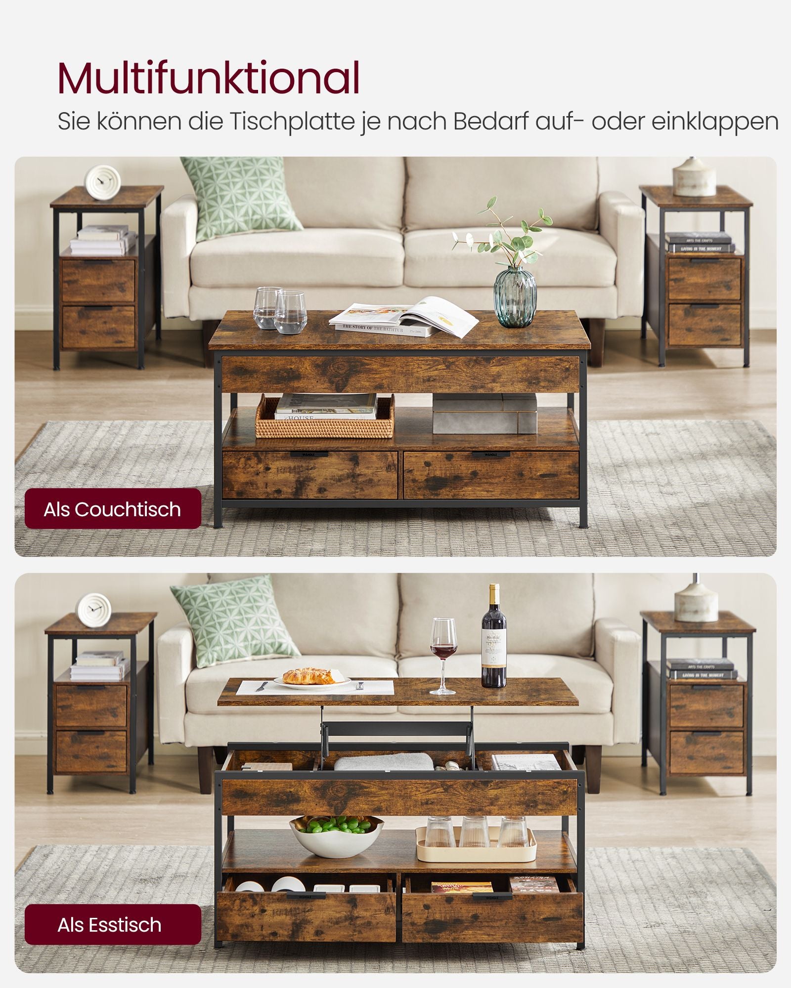 Coffee table-with drawers-vintage brown-ink black