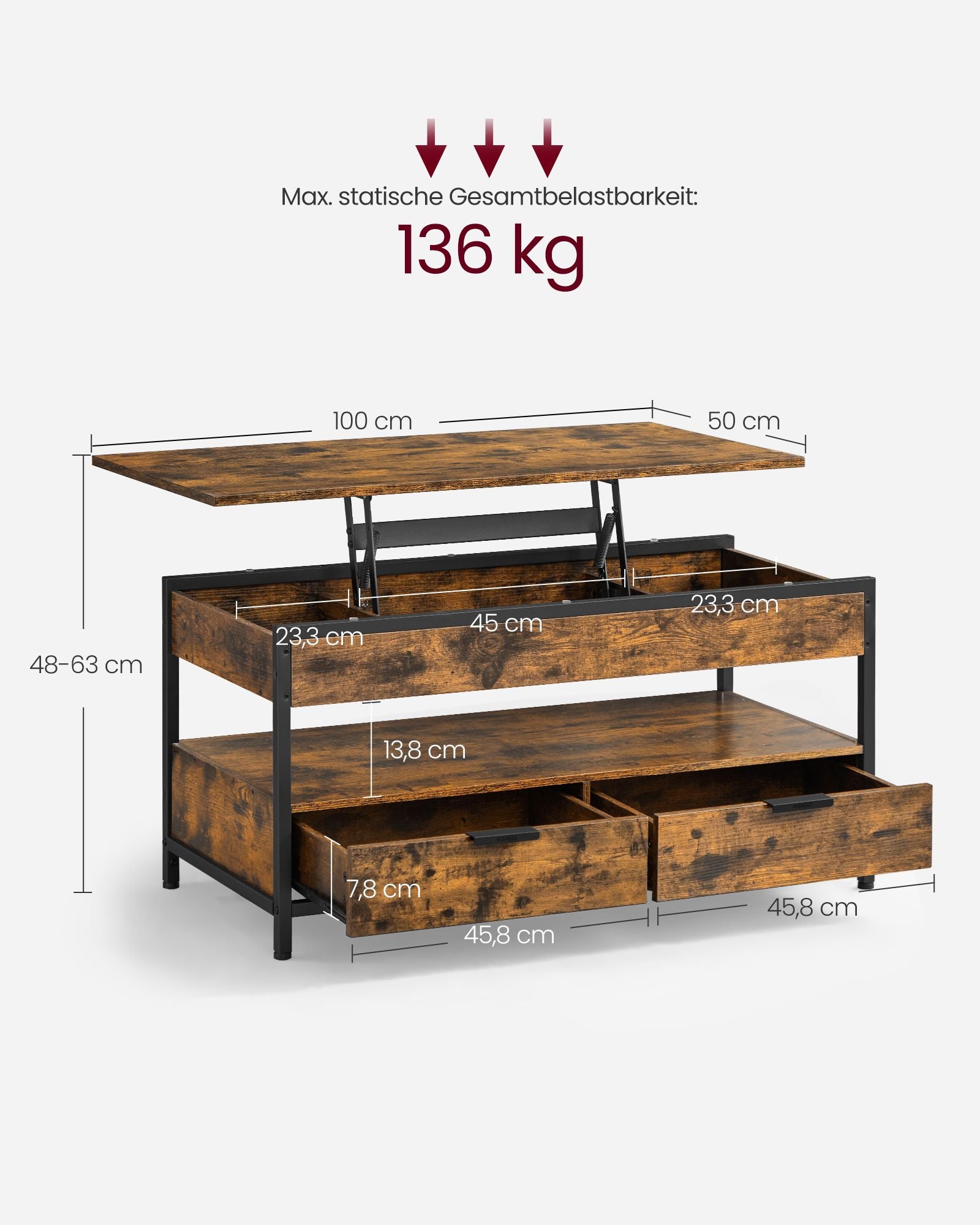 Coffee table-with drawers-vintage brown-ink black