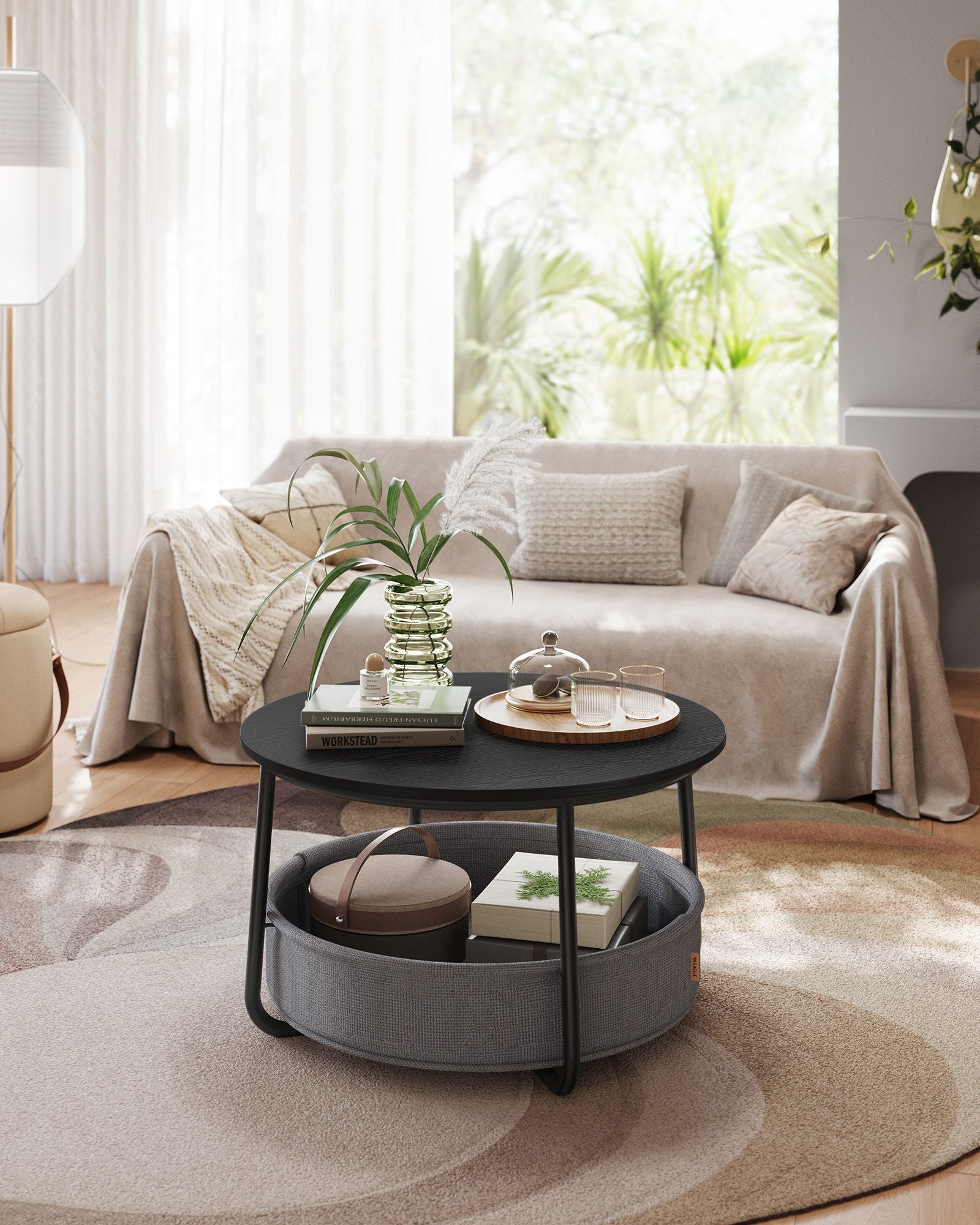 Coffee table with basket made of ink -black and Leigrijze fabric