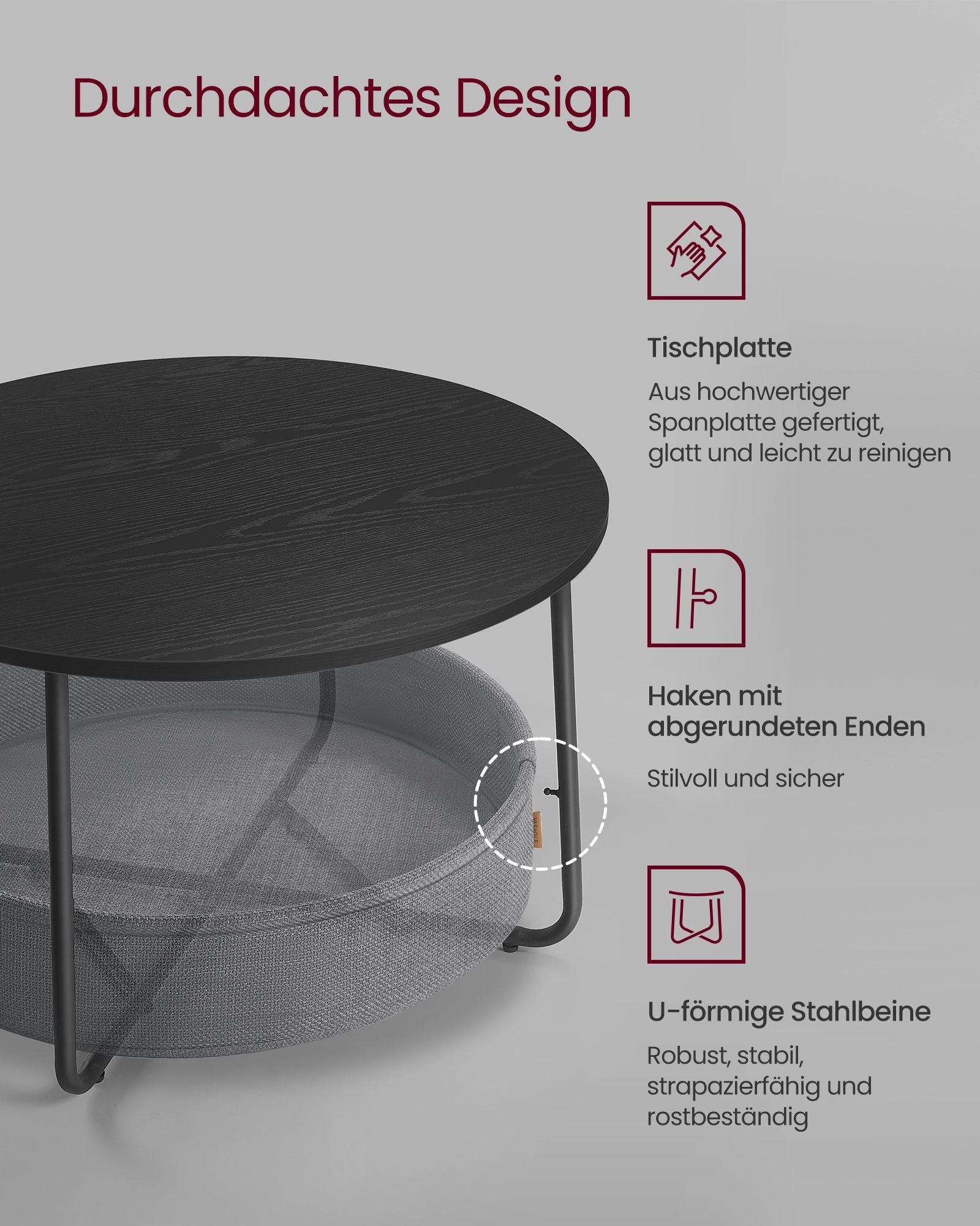 Coffee table with basket made of ink -black and Leigrijze fabric