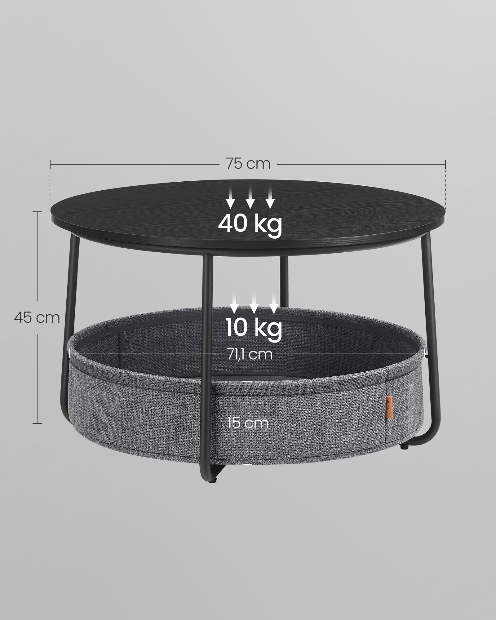 Coffee table with basket made of ink -black and Leigrijze fabric