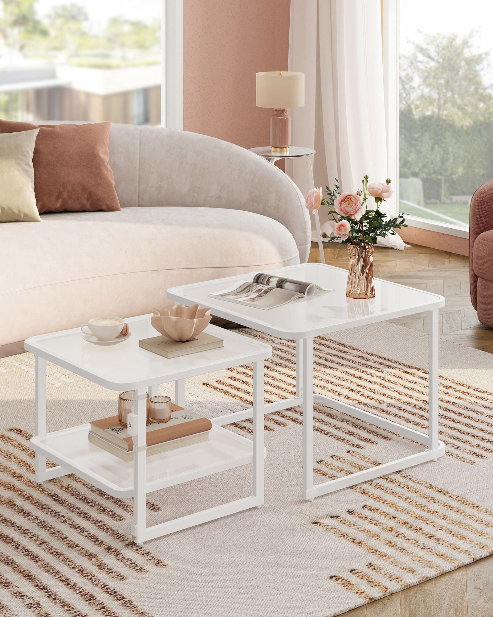Coffee table set of 2 with LED light cloud white-parel white