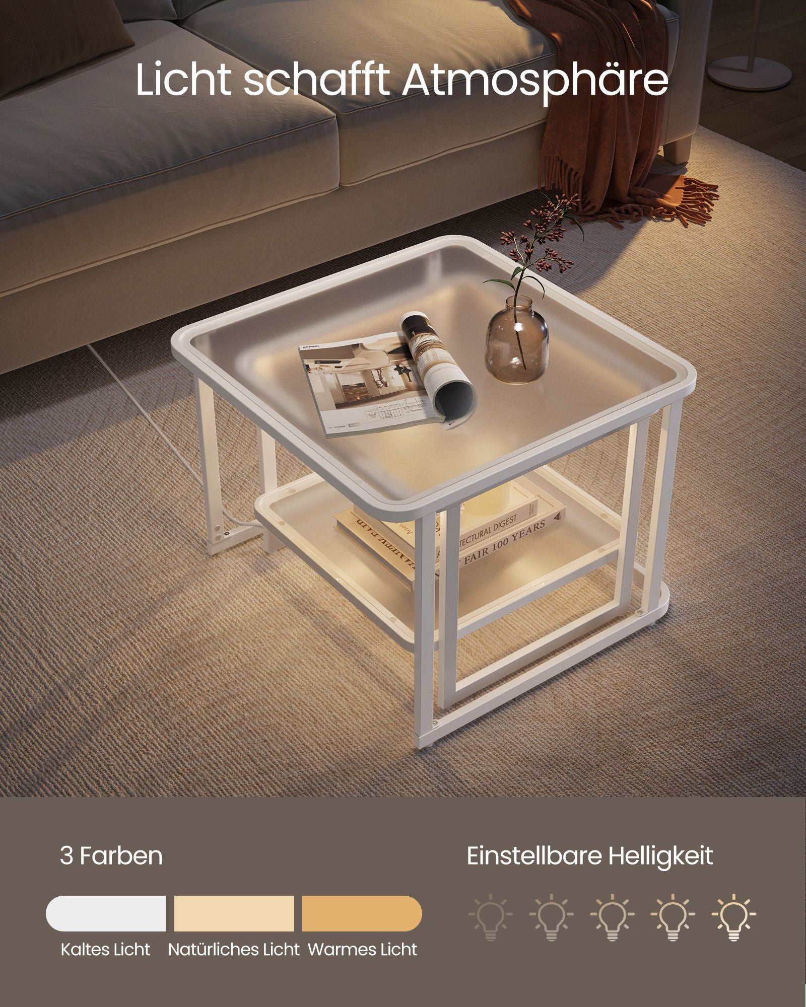 Coffee table set of 2 with LED light cloud white-parel white