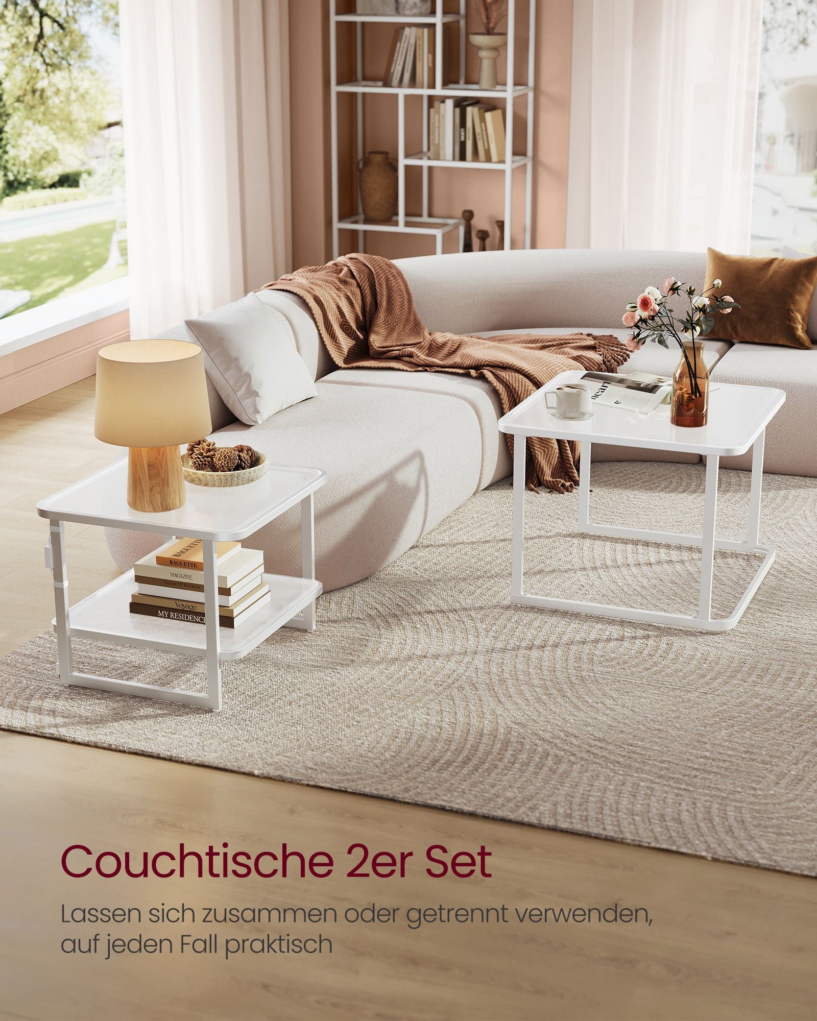 Coffee table set of 2 with LED light cloud white-parel white